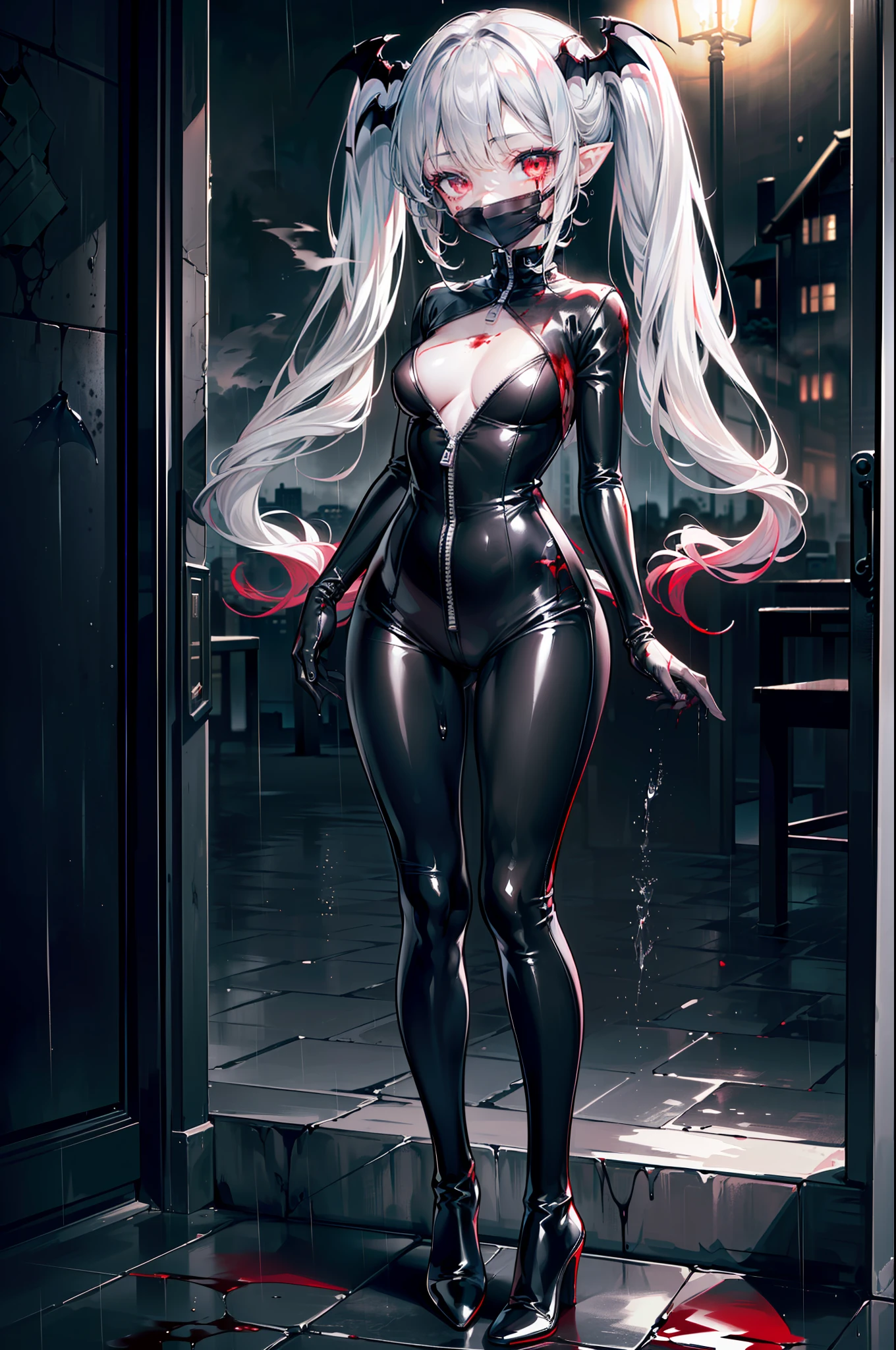 ((masterpiece, best quality, extremely detailed CG, unity 8k wallpaper,anatomically correct,ultra resolution)),Award-winning photography,(best illumination,Very Delicate and Beautiful),(one girl,solo,li:1.5),(Vampire:1.45),silver hair,(twintails:1.2),glowing red eyes,(pale skin:1.45),(extremely beautiful and detailed face:1.2), (extremely beautiful and detailed eyes:1.2),perfect hands,delicate legs,((bat hair ornament)),(graceful,fashion),pointy ears,((full body catsuit with zipper:1.4,black high heel boots,black leather gloves,latex mouth mask)),looking at viewer,hand to own mouth,head tilt,morbid smile,dark persona,evil,(cute:1.5),((night, dark atmosphere, dark theme, darkness:1.5)),dramatic shadows,(dimly lit:1.5),blood on face,blood on floor, blood on walls,(blood mist,blood splash:1.4),depth of field,(Bustling city:1.2,in the rain:1.3),cloudy sky,raining,skyline,(perfect human body structure with maximum precision)