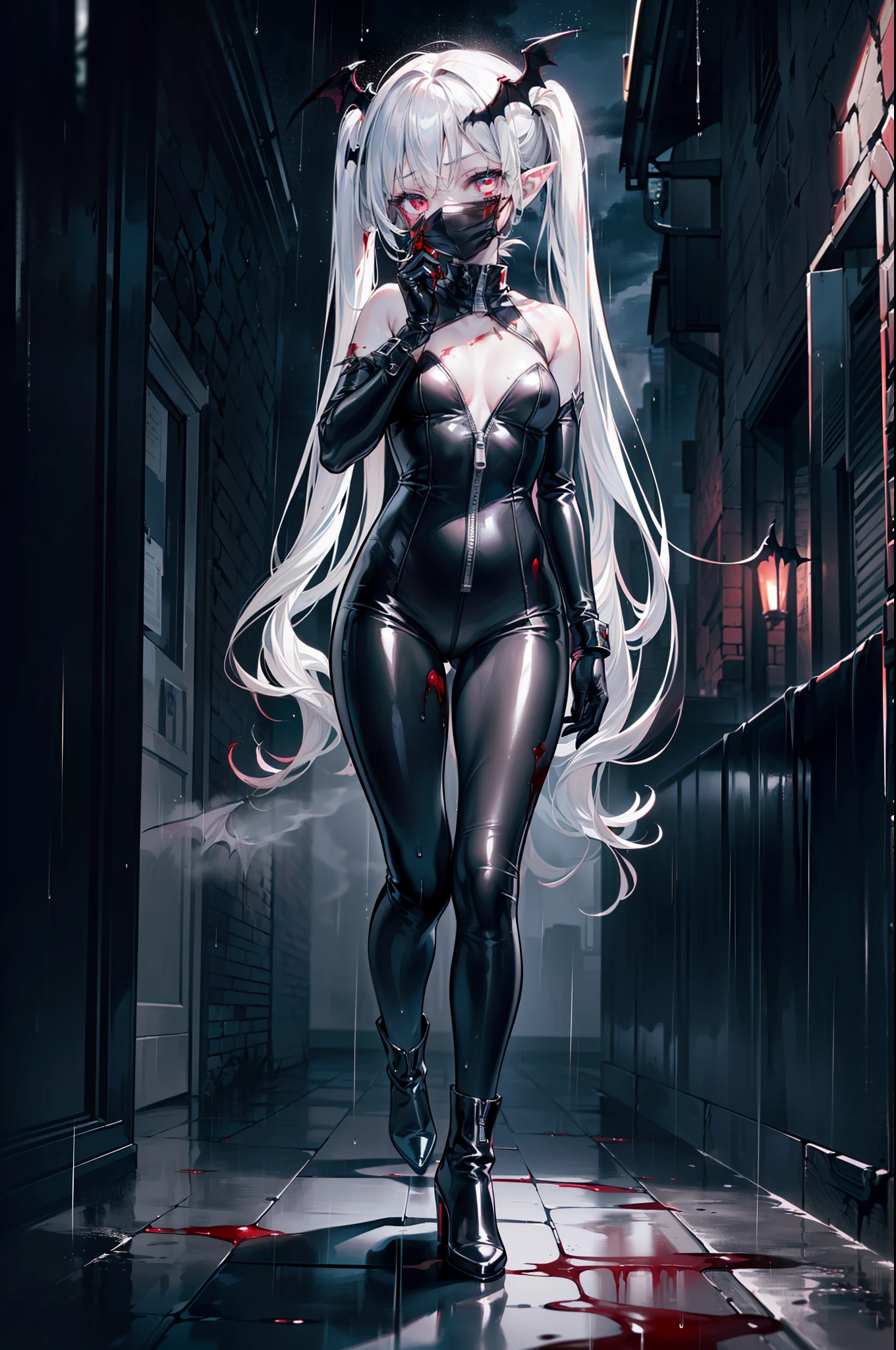 ((masterpiece, best quality, extremely detailed CG, unity 8k wallpaper,anatomically correct,ultra resolution)),Award-winning photography,(best illumination,Very Delicate and Beautiful),(one girl,solo,li:1.5),(Vampire:1.45),silver hair,(twintails:1.2),glowing red eyes,(pale skin:1.45),(extremely beautiful and detailed face:1.2), (extremely beautiful and detailed eyes:1.2),perfect hands,delicate legs,((bat hair ornament)),(graceful,fashion),pointy ears,((full body catsuit with zipper:1.4,black high heel boots,black leather gloves,latex mouth mask)),looking at viewer,hand to own mouth,head tilt,morbid smile,dark persona,evil,(cute:1.5),((night, dark atmosphere, dark theme, darkness:1.5)),dramatic shadows,(dimly lit:1.5),blood on face,blood on floor, blood on walls,(blood mist,blood splash:1.4),depth of field,(Bustling city:1.2,in the rain:1.3),cloudy sky,raining,skyline,(perfect human body structure with maximum precision)