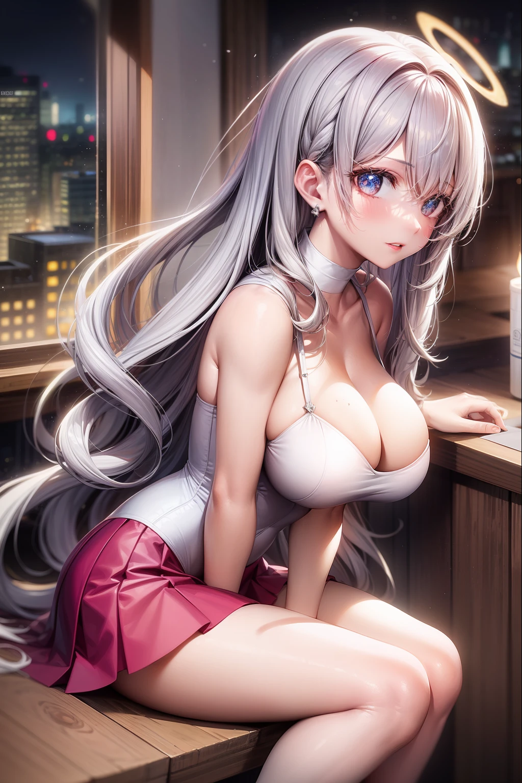 ((8K,tmasterpiece,realisticlying,The most beautifully illustrated),(((Bust photo)))(Hyper-detailing,Ultra-clear,naturey),((White wavy extra-long curls):1.3,choker necklace,ear jewelry,Pink and moist lips,),1 busty girl,the night,Cafe on the top of the hill,Exhaustive coffee,white super long hair,White wavy curls,Hair is shiny,The halo,Open student uniform with pleated skirt off,Elegant and beautiful hairpins,White wavy curls,Bare-legged and high heels,Reasonable movements,Stretch meat,Fair and moisturized skin