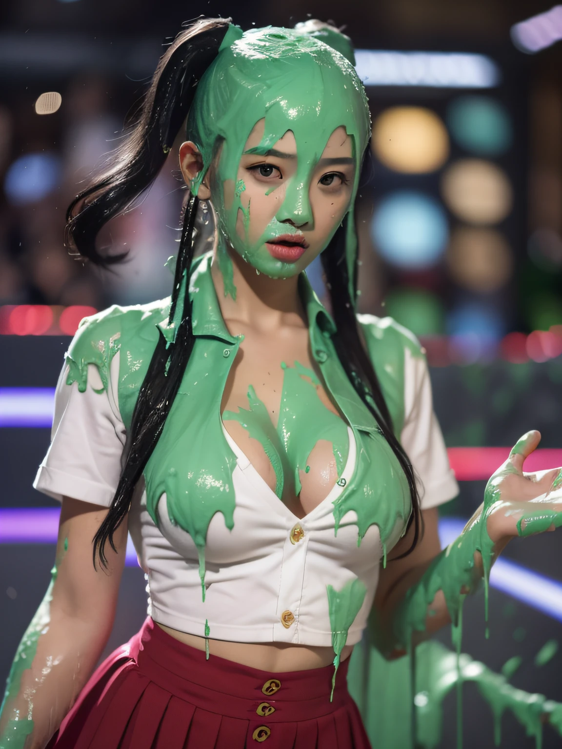 8k, HD, masterpiece, hyper realistic, super detailed, extreme realism, photo realistic, (Chinese model: 1.5), Asian woman, round eyewear, button down shirt and skirt, school uniform, (inside game show set: 1.9), game show studio, cleavage, (wet green mud dripping down head: 1.1), beautiful face, delicate eyes, detailed face, long eyelashes, pigtails