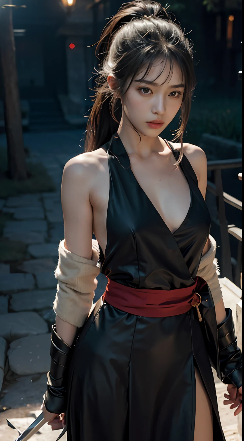 (in the darkness nigth:1),(best qualtiy),(Fidelity:1),filmposter,realistic skin textures,highly detailed,8k wallpaper,Volumetriclighting,动态照明,one-girl,Long black ponytail hair,black toga,red waistband,A small amount of armor,Shoulder blades,Waist Guard,Hand Guard,Wear a veil,Hold the sword in front of you,Ancient Chinese wind,Short sword at the waist,attack pose,blood stain,Broken clothes,Ancient Chinese Battlefield,A group of ancient soldiers chased and killed,Arrows fly,There is a lot of war,the night,Dramatic composition,Sword qi surrounding,The background is rich in detail,karo,(jiayi:1.5), closeup cleavage, tmasterpiece, best qualtiy, RAW photogr, realisticlying, the face, Incredibly Ridiculous res, depth of fields, A high resolution, ultra - detailed, finedetail, The is very detailed, Extremely detailed eyes and face, Sharp pupils, realistic pupil, tack sharp focus, cinmatic lighting