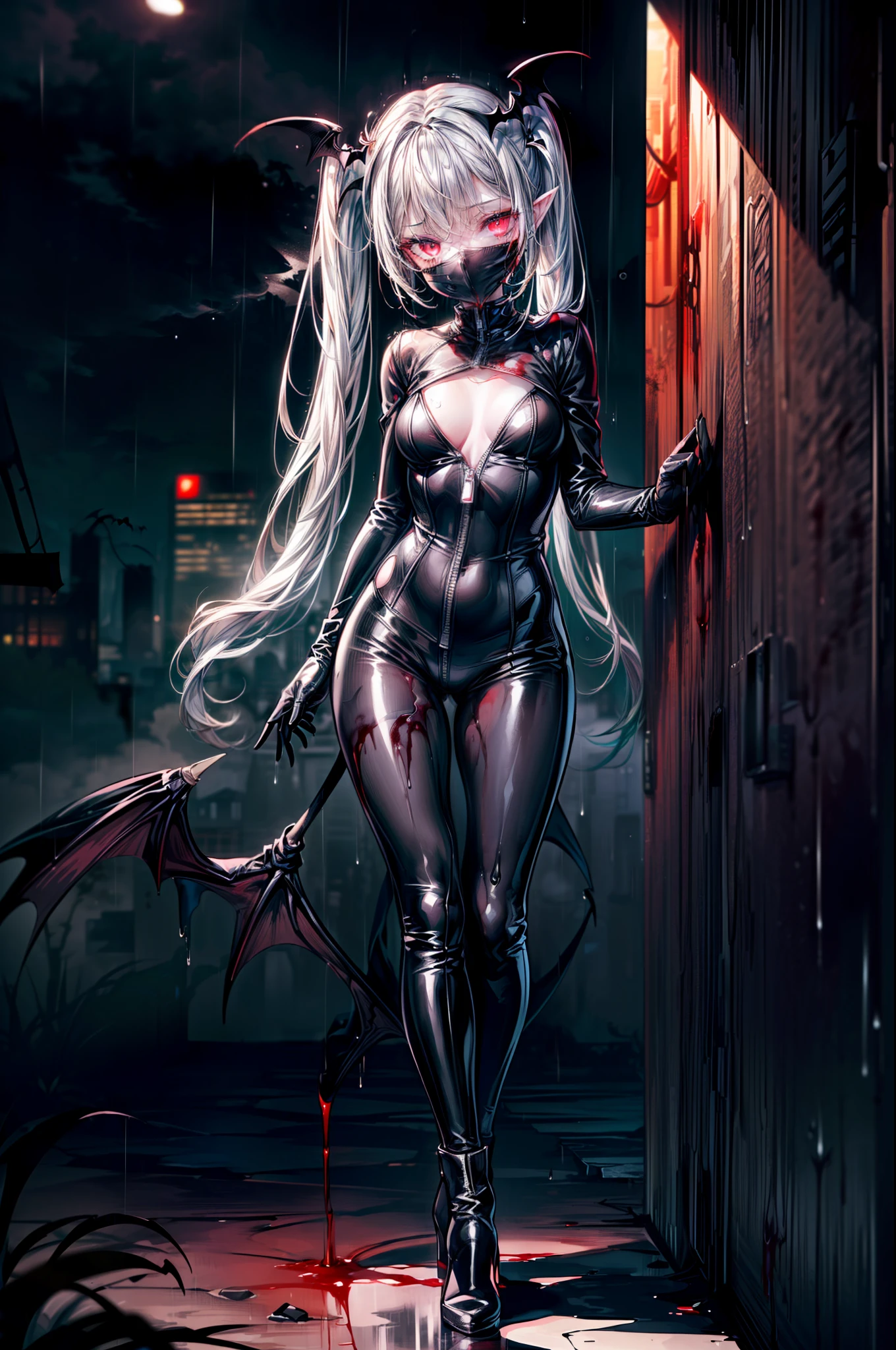 ((masterpiece, best quality, extremely detailed CG, unity 8k wallpaper,anatomically correct,ultra resolution)),Award-winning photography,(best illumination,Very Delicate and Beautiful),(one girl,solo,:1.5),(Vampire:1.45),silver hair,(twintails:1.2),glowing red eyes,(pale skin:1.45),(extremely beautiful and detailed face:1.2), (extremely beautiful and detailed eyes:1.2),perfect hands,delicate legs,((bat hair ornament)),(graceful,fashion),pointy ears,slim body,((full body catsuit with zipper:1.4,black high heel boots,black leather gloves,latex mouth mask)),looking at viewer,hand to own mouth,head tilt,morbid smile,dark persona,evil,(cute:1.5),((night, dark atmosphere, dark theme, darkness:1.5)),dramatic shadows,(dimly lit:1.5),blood on face,blood on floor, blood on walls,(blood mist,blood splash:1.4),depth of field,(Bustling city:1.2,in the rain:1.3),cloudy sky,raining,skyline,(perfect human body structure with maximum precision)