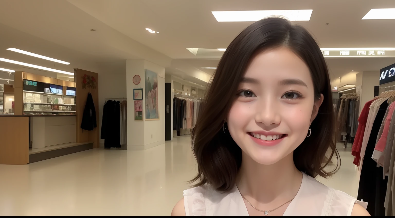 (Raw photography:1.2)、(Photorealsitic:1.4)、(masterpiece:1.3)、(top-quality:1.4)、超A high resolution、(A detailed eye)、(detailed facial features)、(detailed clothes features)、nffsw、8K分辨率、solofocus、bangss、skin tightening、(shinny skin)、(Slender girl)、dream-like、(shopping mall)
(Extreme Detail)、Confirmation of commentary、Request for commentary、landscapes、without text、
Virtual Girl-Aim、
1girl in、full body Esbian、
cute little、Innocence、
(A smile)、