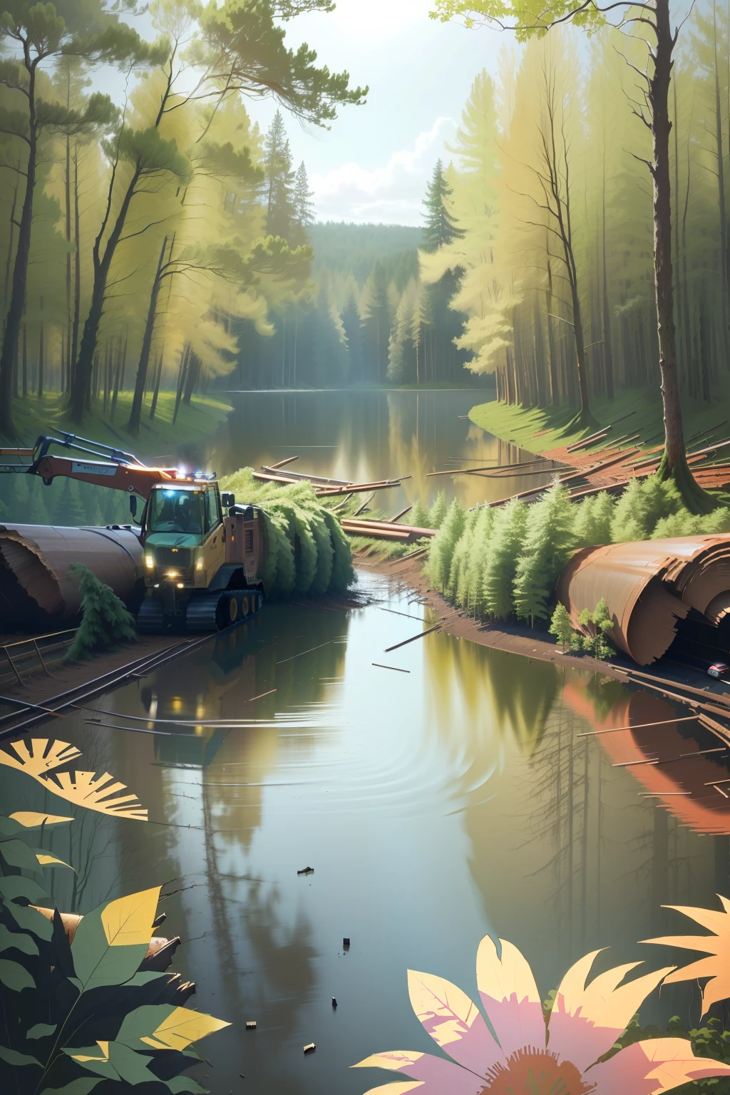 Several logging machines cut down a large area of trees，Looks messy，Soil erosion is about to occur