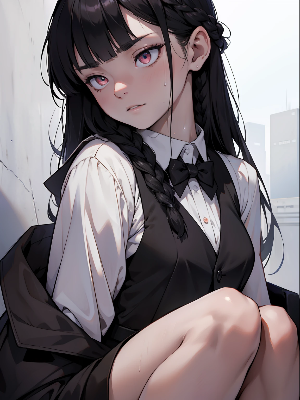 (smooth lighting), ((Beautiful eyes)),wide shot layout,wednesday addams BREAK 12years old,black hair,blunt bangs,pale skin,red eyes,jitome,hollow eyes, half-closed eyes,detailed eyes,beautiful eyes,hair ornaments at hexagram,1girl,solo,braid,ashamed,troubled expression,best quality,ultra-detailed,(masterpiece),sweat,wear Black tie, white shirt, black vest,looking away,fullbody,