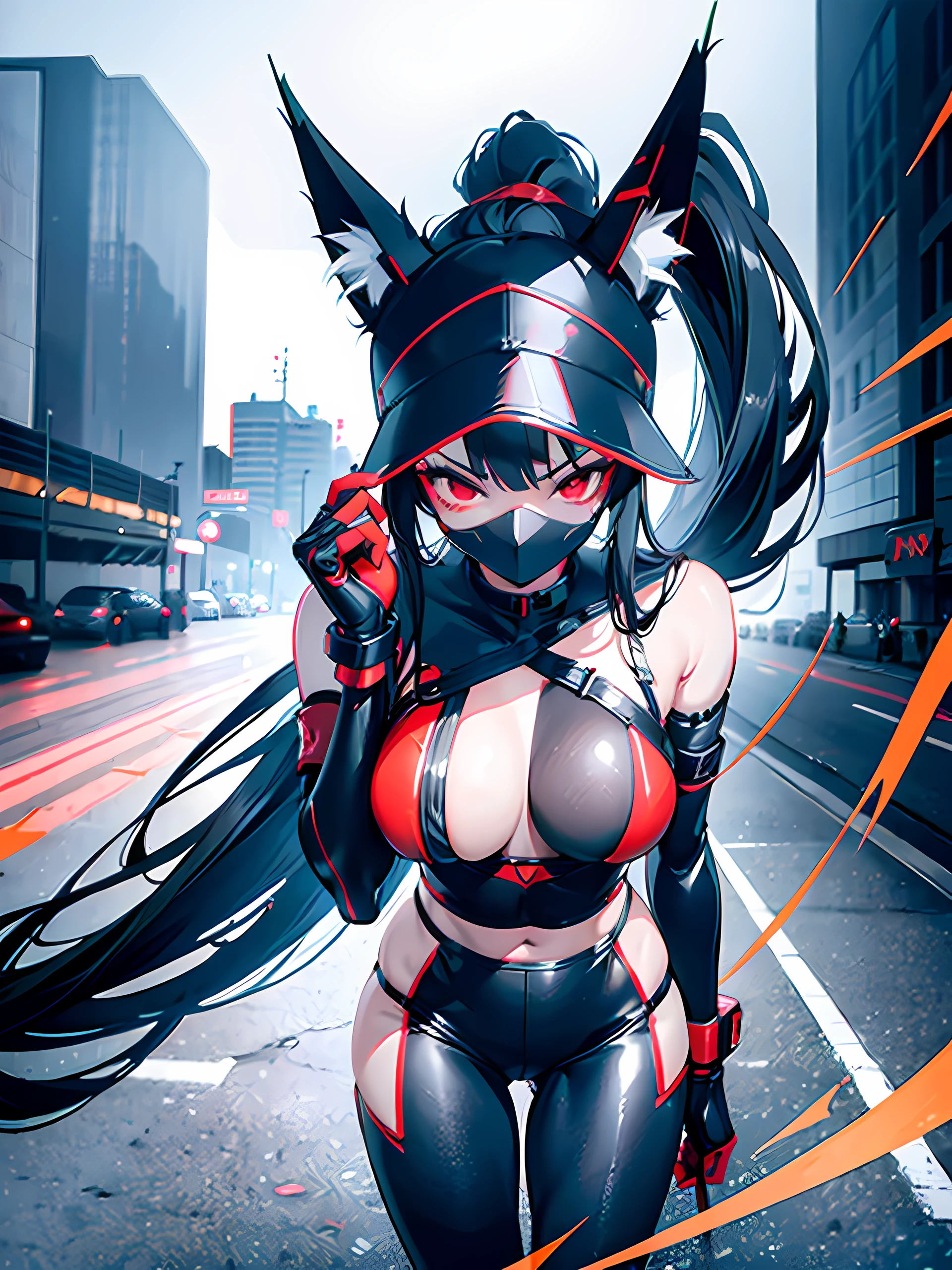 1girl, long black hair with ponytail, red eyes, wearing cyber bikini, wearing cyber cap, wearing cyber mouth mask, cyber fox tail, holding cyber katana, cyber katana on the shoulder, cyber city, in the middle of big road, raining, absurdres, high res, ultrasharp, 8K, masterpiece, wide angle, looking at viewer