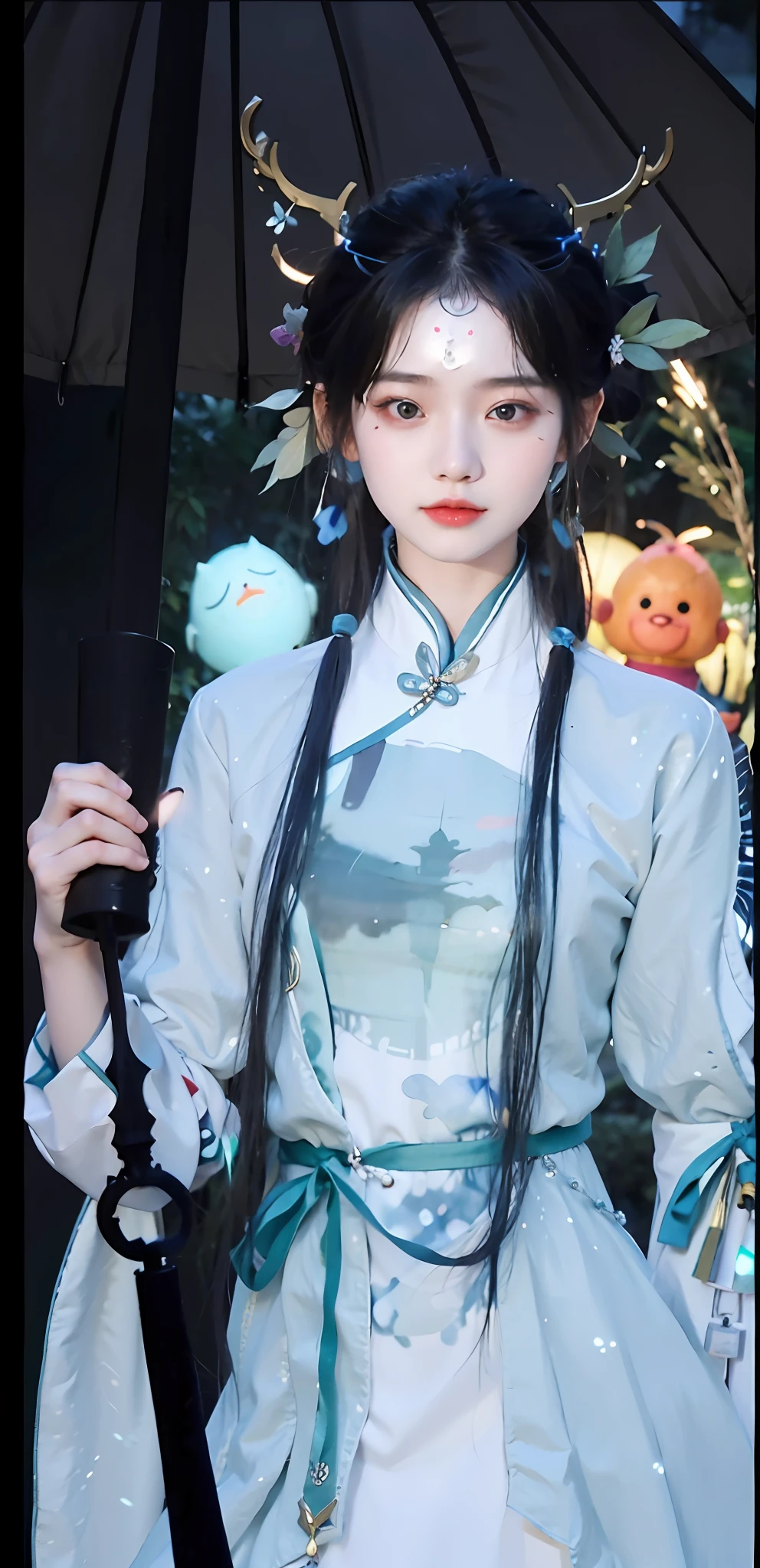 Anime characters dressed in white and blue holding black umbrellas, Palace , A girl in Hanfu, Inspired by Bian Shoumin, inspired by Luo Mu, full-body xianxia, lunar themed attire, Inspired by Song Maojin, Inspired by Qiu Ying, inspired by Li Mei-shu, Inspired by Huang Ji, inspired by Ma Yuanyu