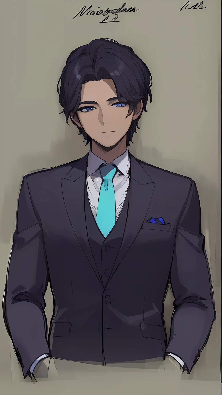 ((Masterpiece))), (((Best Quality))), ((Ultra-detailed)), (very detailed illustration), cinematiclight,, 1 guy ((Character Sheet)), (Concept art), ((full - body)), (Masterpiece: 1.2), (Best Quality: 1.3), 1 guy standing Guy in a formal suit . Dark hair, blue eyes