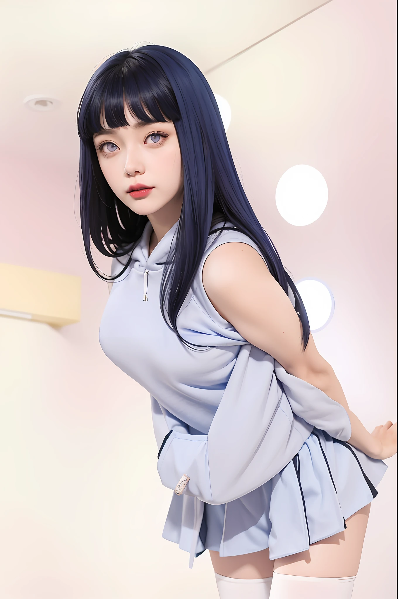 a close up of a person with long hair and a hoodie, hinata hyuga, hinata hyuga from naruto, from naruto, as an anime character, perfect anime face, she has dark blue hair with bangs, female anime character, anime character, anime best girl, hime cut hairstyle, dark blue hair, (red glossy lips:1.3), light purple eyes, big breasts, realistic, ultra detail, indoor background