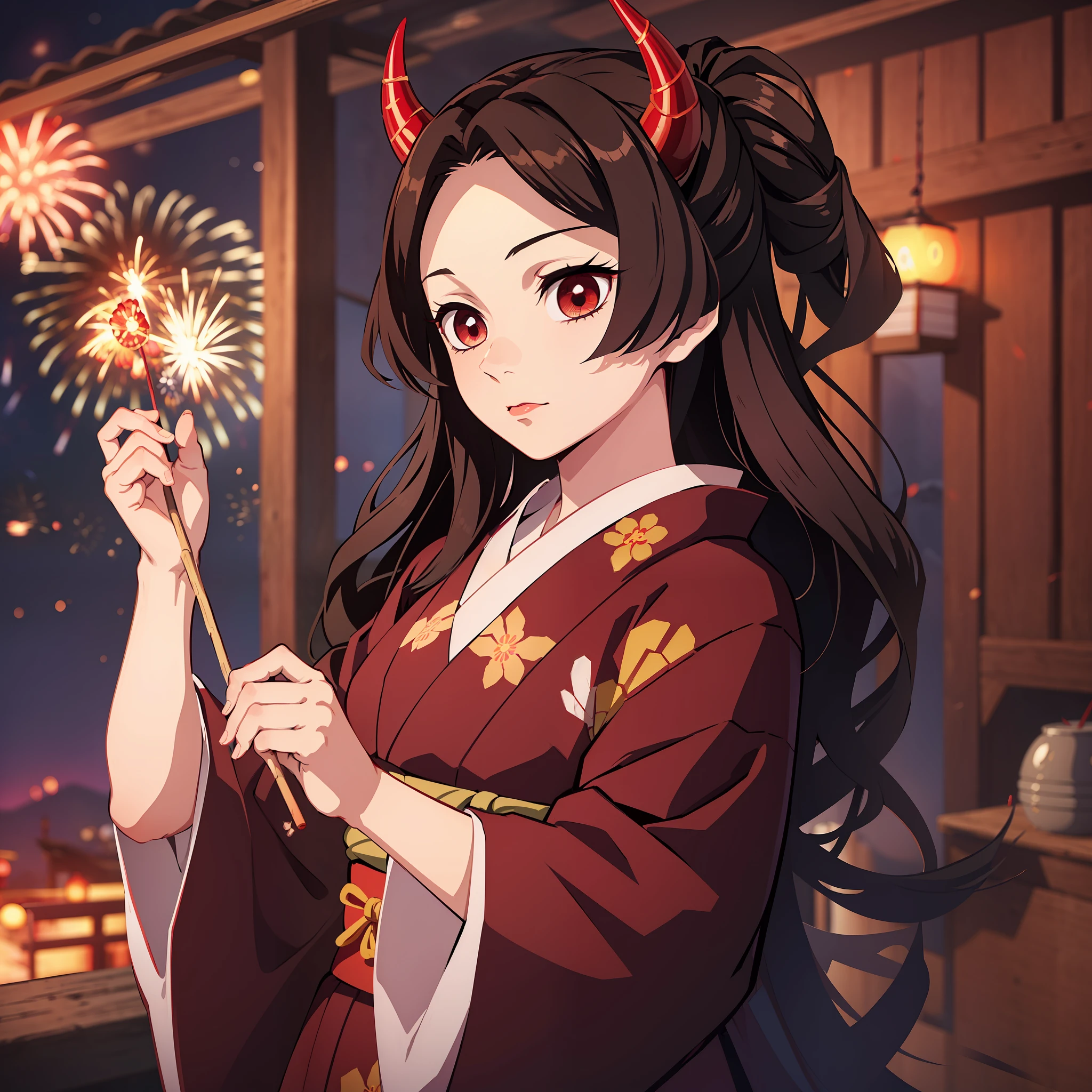 (masterpiece, best quality:1.2), kimetsu no yaiba style, kamado nezuko, (1girl, solo), 20years old, upper body, kimono, (red demon horns, red eyes), apple candy with stick, Japanese old style wooden bridge, (fireworks:1.3)