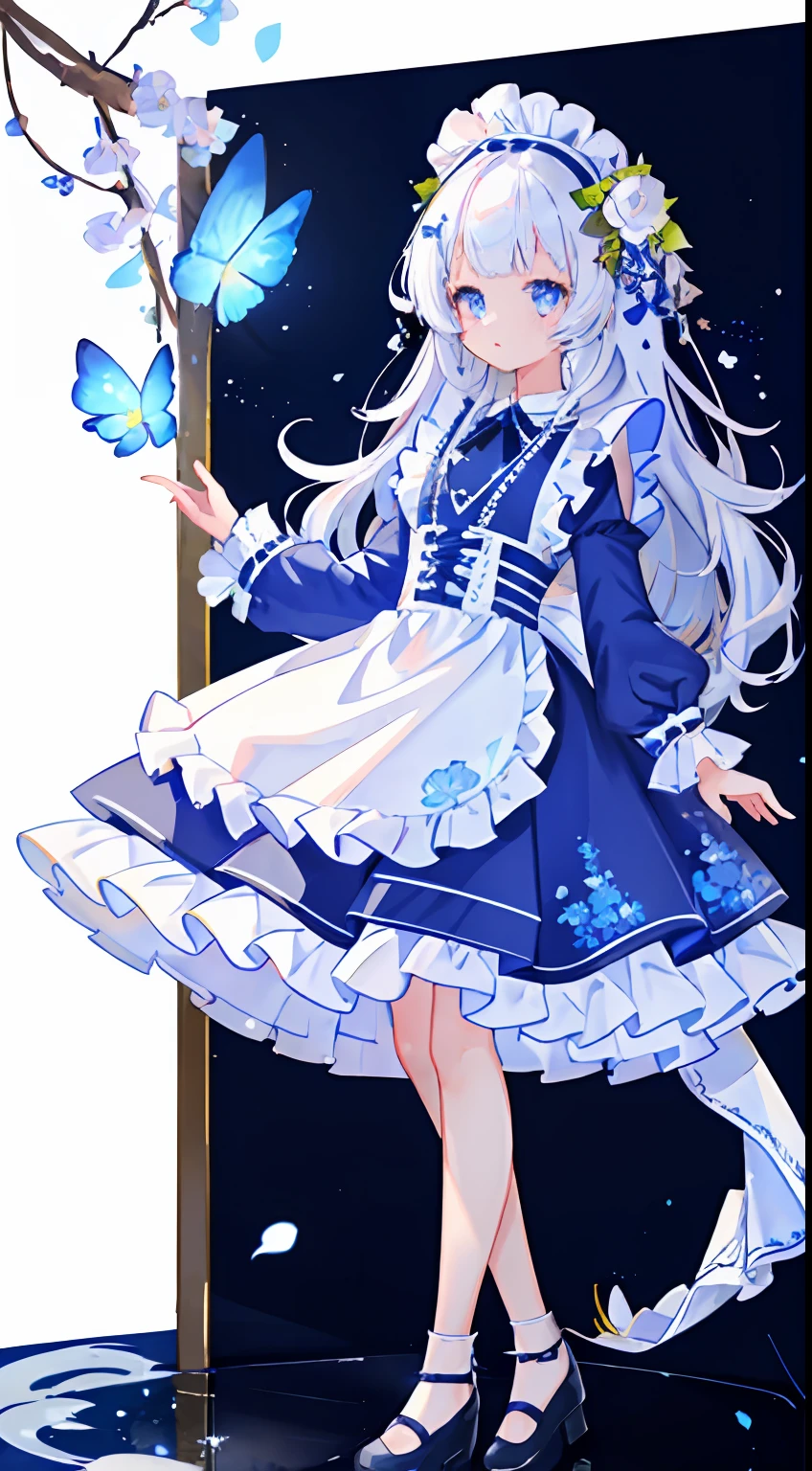 One girl、white backgrounid、stele、florals、Popflower、white hair、blue eyess、long、Apron Dresses、Fluffy skirt、Floral hair ornament、Standing picture、to stand、cute little、masterpiece、Top image quality、top-quality