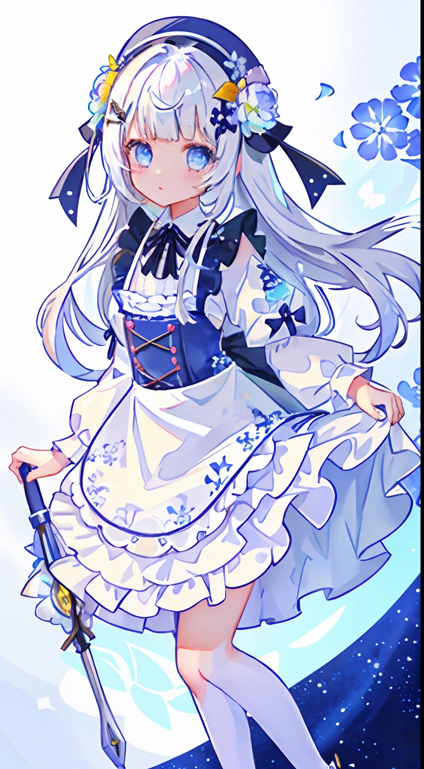 One girl、white backgrounid、stele、florals、Popflower、white  hair、blue eyess、long、Apron Dresses、Fluffy skirt、Floral hair ornament、Standing picture、to stand、cute little、​masterpiece、Top image quality、top-quality