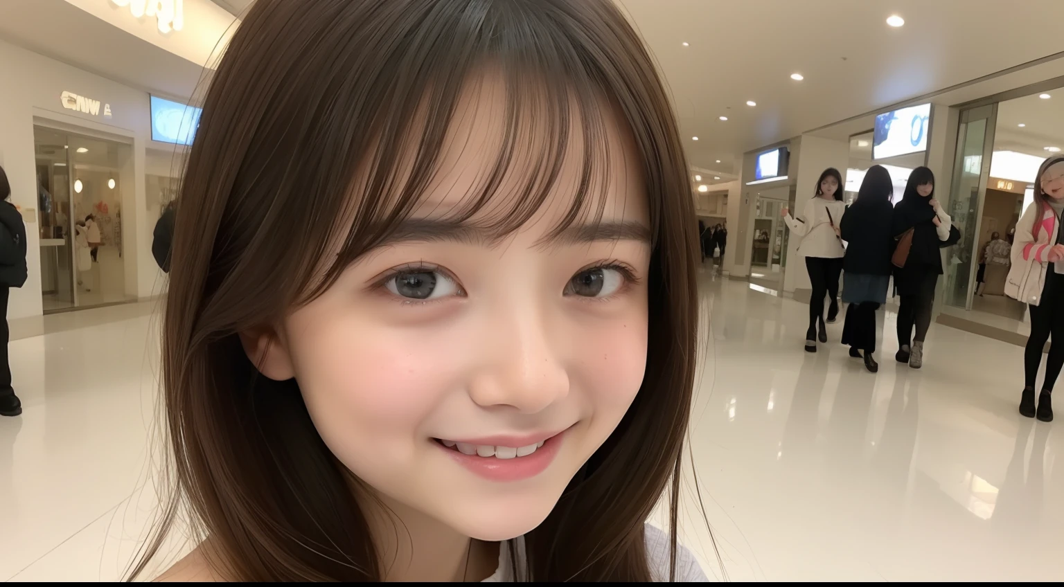 (Raw photography:1.2)、(Photorealsitic:1.4)、(masterpiece:1.3)、(top-quality:1.4)、超A high resolution、(A detailed eye)、(detailed facial features)、(detailed clothes features)、nffsw、8K分辨率、solofocus、bangss、skin tightening、(shinny skin)、(Slender girl)、dream-like、(shopping mall)
(Extreme Detail)、Confirmation of commentary、Request for commentary、landscapes、without text、
Virtual Girl-Aim、
1girl in、full body Esbian、
cute little、Innocence、
(A smile)、