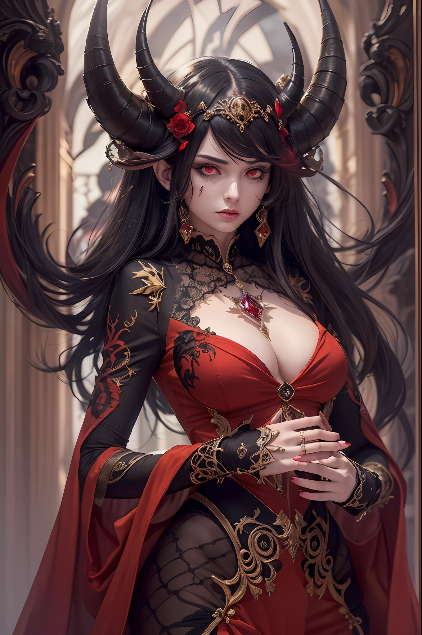 epic good looking succubus wearing a red and black dress, offering a gold and red diamond ring in hand (intense details, Masterpiece, best details: 1.6), full body (intense details, Masterpiece, best details: 1.6), ultra detailed face (intense details, Masterpiece, best details: 1.5),standing in the door entrance, holding a red and gold ring (intense details, Masterpiece, best details: 1.6), black hair, long hair, red eyes, glowing eyes, small horns, red high heels, dim light, high details, best quality, 8k, [ultra detailed], masterpiece, best quality, (extremely detailed), ultra wide shot, photorealistic, gothic art, sense of darkness, sense of seduction, fiery magic symbols (intense details, Masterpiece, best details: 1.6),in the background