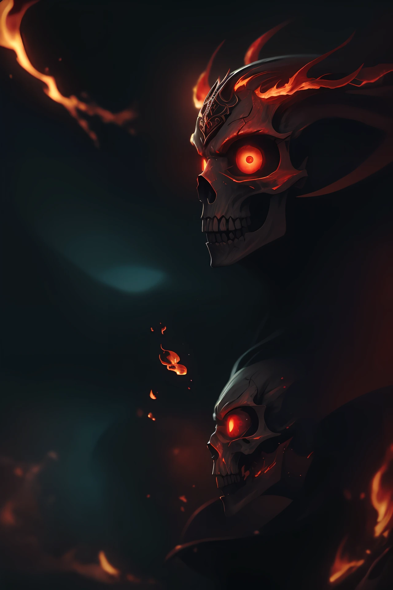 Best Quality, Masterpiece, Epic Detail, 8K, Image Close-up,1girl, Skull Mask, Flaming Red Eyes, Hellbringer, Demon Monster with Black Scales, ,Looking at the Viewer, Frightening, Fantasy, Surrealism, Rule of Threes, Golden Ratio, (Crimson Hell) Gate Background, Fire Tone, Highlight, Low Brightness, High Contrast, High Shadow, Extremely Detailed CG Unity 8K Wallpaper，An unparalleled masterpiece