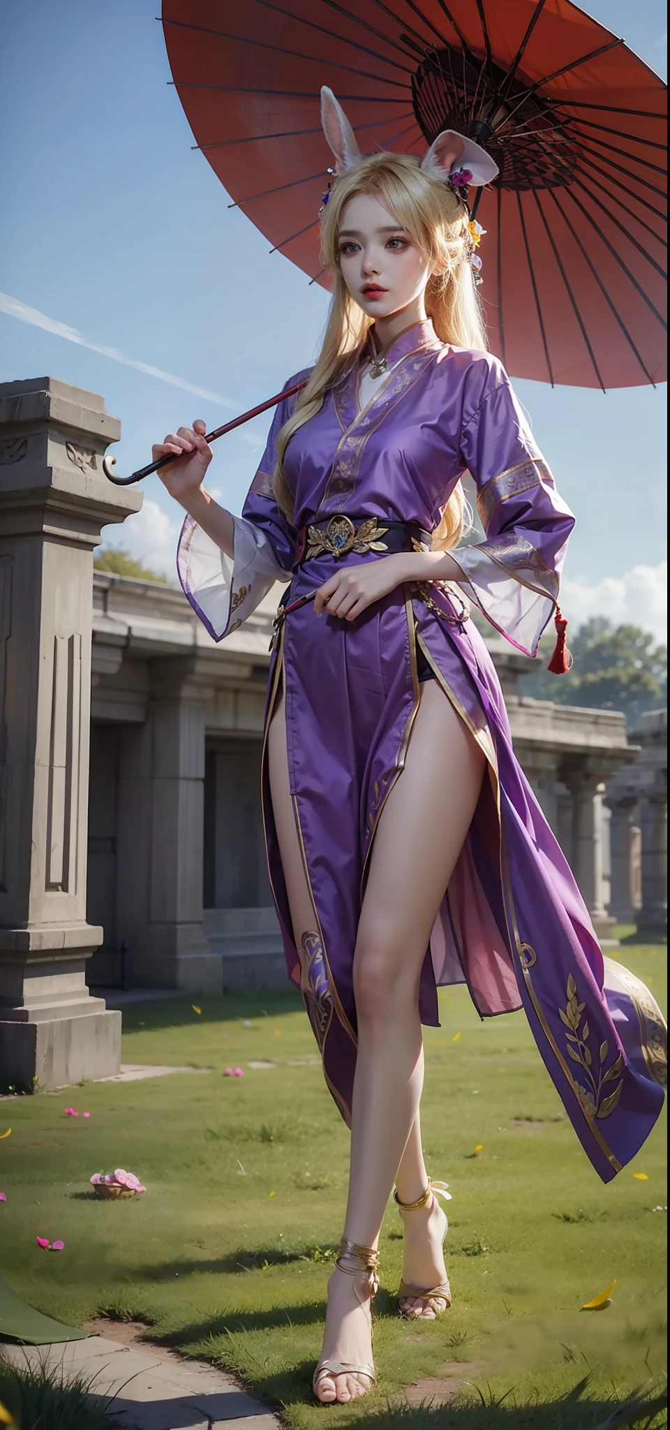 Purple shirt,Ancient women,long leges,light yarn,Light wind,ellegance,Blonde hair ornaments,leg loops,Holding an umbrella,Red rabbit head decoration,Motion capture