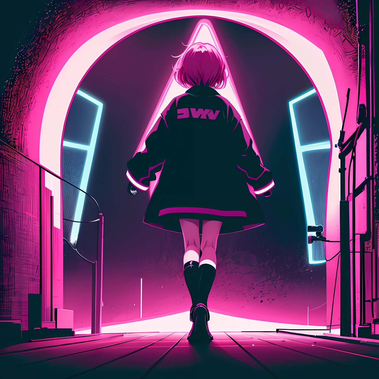 synthwave, colorful, pink color palette, girl, anime style, solo, alone, facing backwards, standing far away, centered, black short hair, white oversized t-shirt, black skirt, black boots, colorful, synthwave, pink color palette