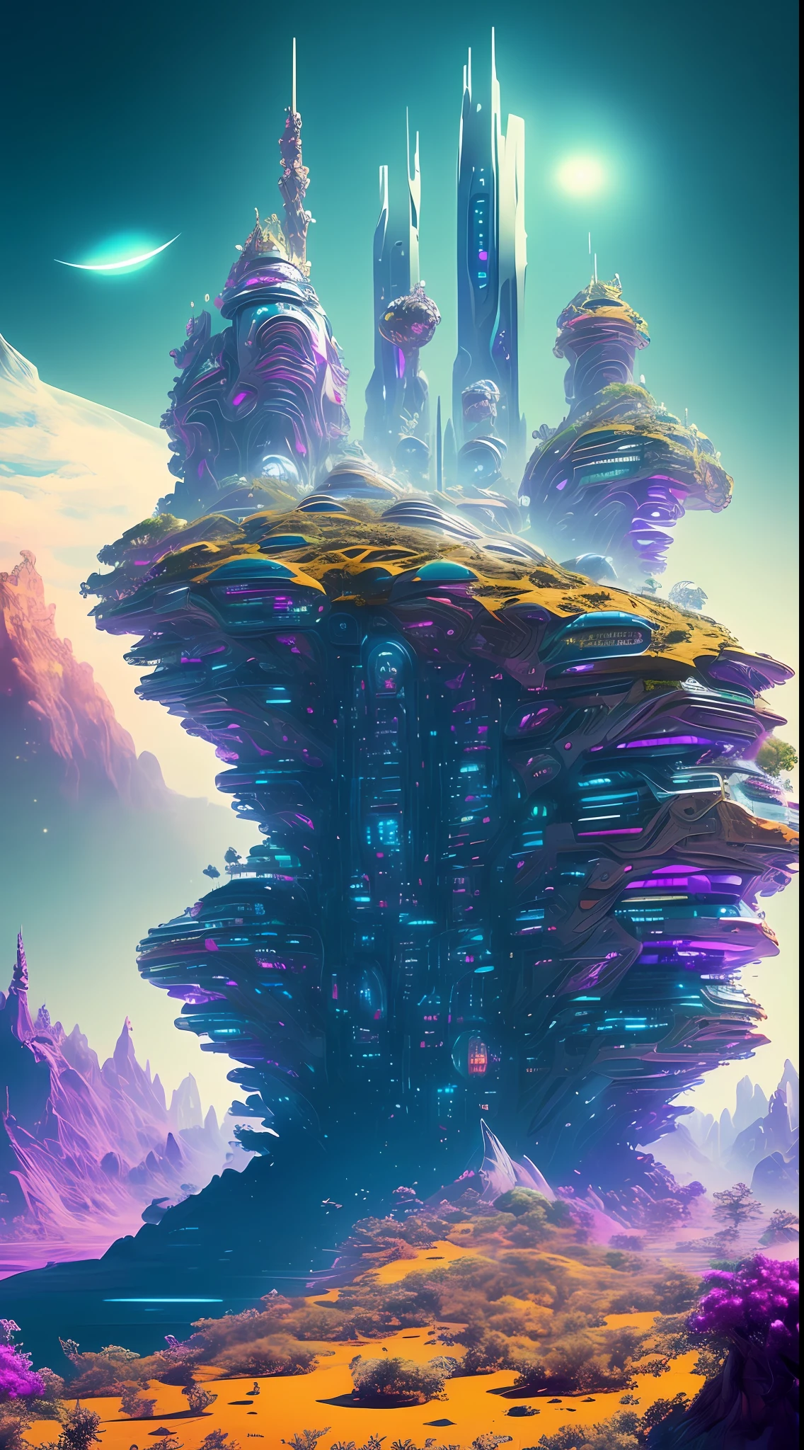 (beste-Qualit), (tmasterpiece), (Detailed:1.4), (A futuristic city on an alien planet), 真实感, 64k обои, Colorful, (Magical energy:1.1), outer space, Alien Planet, That's incredible, 64K HD, wide dynamic range, HDR,