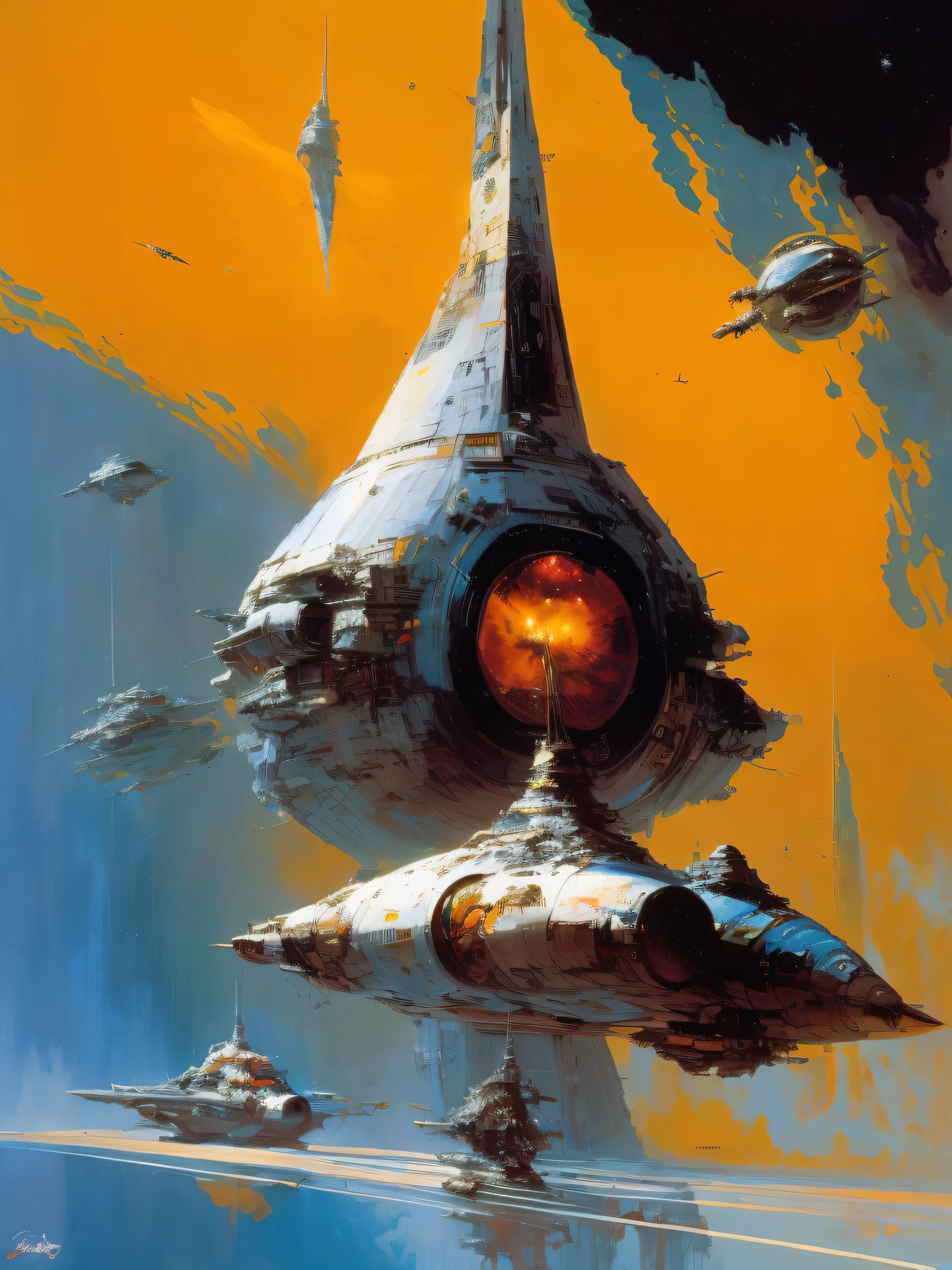 by John Berkey colorful space, biomechanical biomorphic organic spaceships, photorealistic spaceship, space traffic, celestial bodies, volumetric lighting, Syd Mead, Frank Frazetta, John Berkey, brutalism