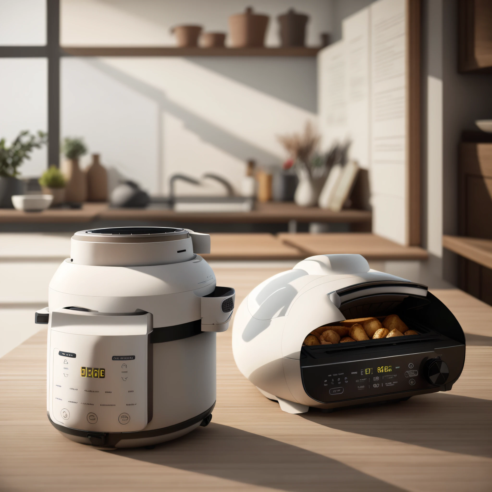 Air fryer placed on the table,Interior design of modern style, Realistic, Photorealistic, 8K, strong light on meeting table,Chiaroscuro, hyper HD, Best picture quality ,realisticlying,Foto realism,cupboard,Lens perspective blur,Bright lights,Realistic lighting