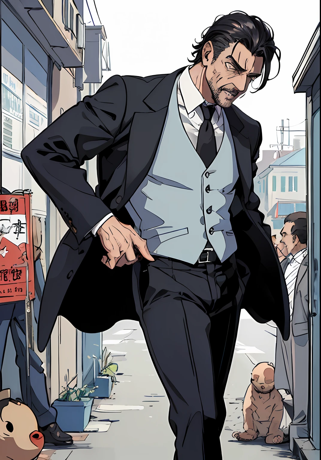 (masterpiece、top-quality), 1 juvenile, mature man, mobster, Mafioso, terrifying, suits, length hair,age 40s