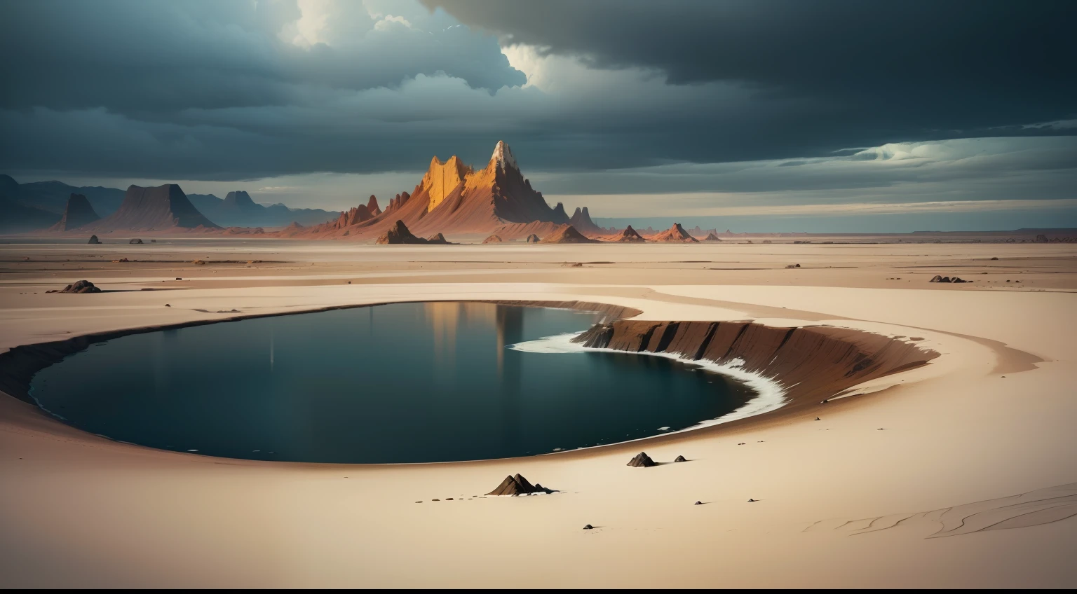 "Depict the landscape of the planet Acidula. Show the vast sea of sulfuric acid, with jagged metallic plants anchoring in the shallow areas near the small pieces of land that barely rise above sea level. These plants are shooting metallic seeds in a hailstorm-like pattern. The sky is turbulent with heavy winds and the peculiar, yellowish hue of the sulfur compounds. In the distance, some unique metallic creatures adapted to this harsh environment can be glimpsed. The scene is both beautiful and menacing, with a sense of raw, untamed nature."