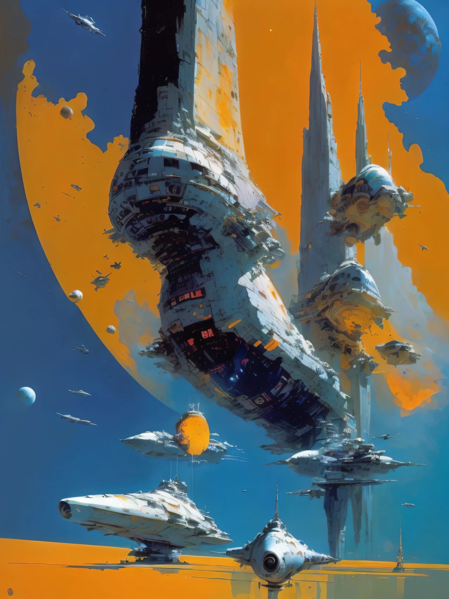 by John Berkey colorful space, biomechanical biomorphic organic spaceships, photorealistic spaceship, space traffic, celestial bodies, volumetric lighting, Syd Mead, Frank Frazetta, John Berkey, brutalism