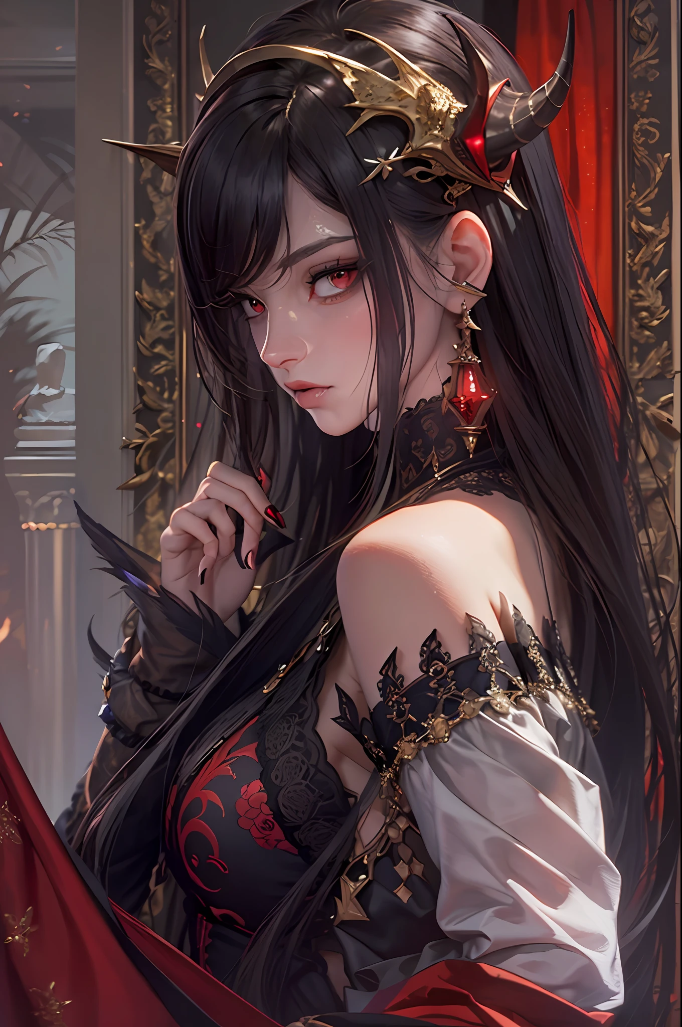 epic good looking succubus wearing a red and black dress, offering a gold and red diamond ring in hand (intense details, Masterpiece, best details: 1.6), full body (intense details, Masterpiece, best details: 1.6), ultra detailed face (intense details, Masterpiece, best details: 1.5),standing in the door entrance, holding a red and gold ring (intense details, Masterpiece, best details: 1.6), black hair, long hair, red eyes, glowing eyes, small horns, red high heels, dim light, high details, best quality, 8k, [ultra detailed], masterpiece, best quality, (extremely detailed), ultra wide shot, photorealistic, gothic art, sense of darkness, sense of seduction, fiery magic symbols (intense details, Masterpiece, best details: 1.6),in the background