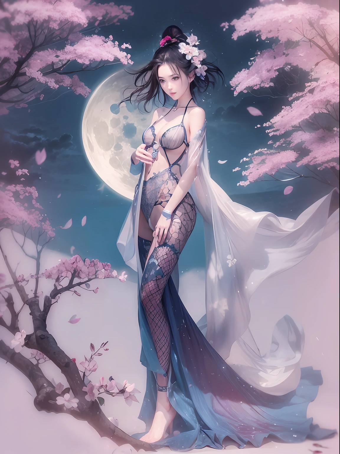 loose outfit、Show shoulders、Navel Ejection、How to wear a gown with a dark see-through halter neck broken、Decorated with intricate patterns and pastel colors、Transparent material that makes the skin shine、Artistic depiction of seductive woman in gown with wet thin cloth and transparent skin, Floral and fantastic pattern with flowing silky traditional see-through skin。Her dress draped elegantly around her curvaceous figure、Emphasizes her charming silhouette。She's a gentle fireworks night、Dynamic Posing、Sexy Posing、bathed in the soft glow of moonlight。The scene is、With a hint of mystery and sensuality、It exudes an ethereal dreamy atmosphere。The image style is、It incorporates a blend of watercolor and digital illustration techniques.、It makes you feel delicate beauty and charm。Soft moonlit lighting、Cast gentle highlights and shadows on her mesmerizing features。Dynamic Posing、Bold poses、The hand is somewhere、see -through、show through、A sexy、Wet hair、Wet、cherry trees、flower petals、cherryblossom、The cherry tree、Sakura blizzard、buried、Transparent skin、Wet clothes、Chest Pulling、Translucent clothes、Eau、nudde、garterbelts、fishnet tights、huge moon、Blue hair、Blue eyes、