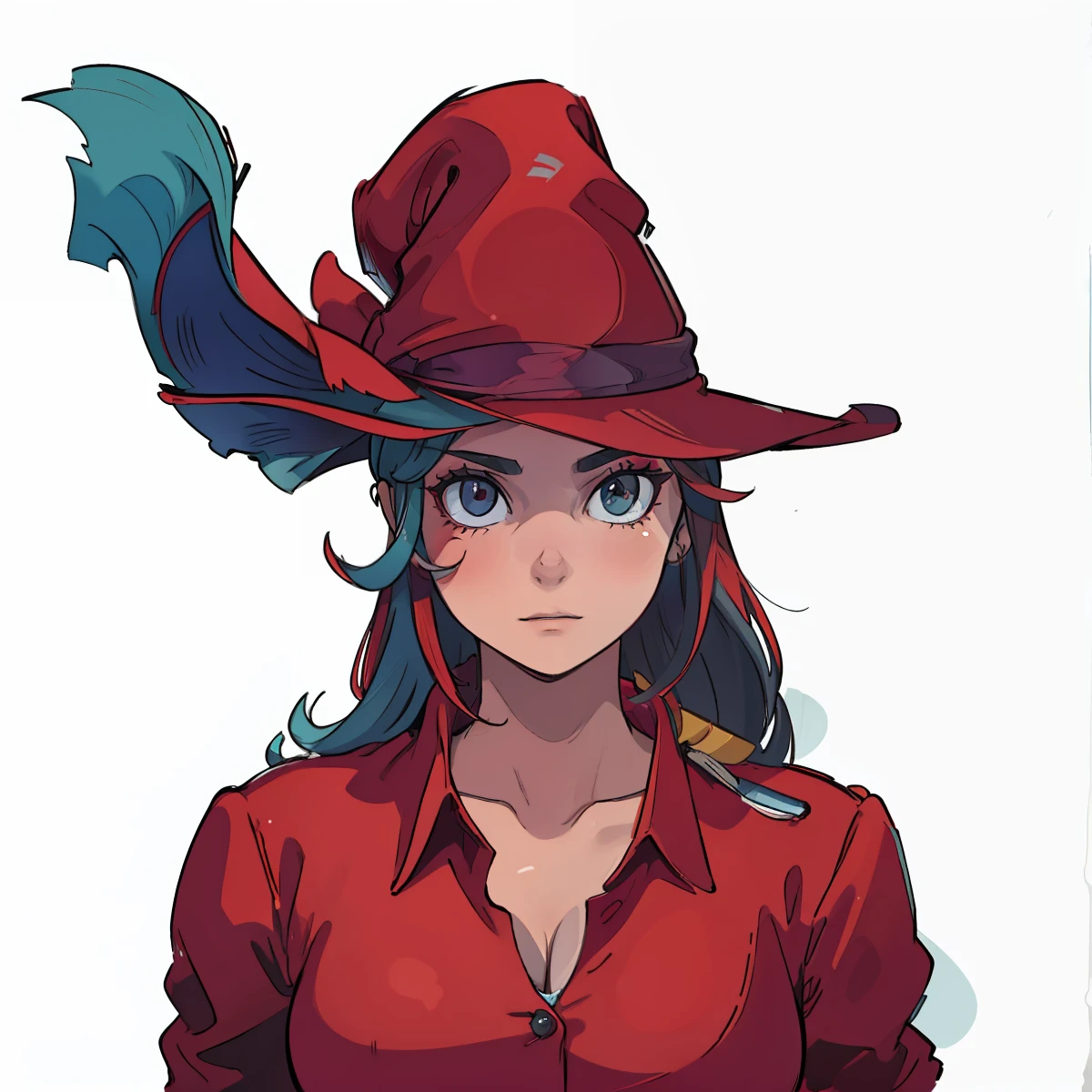 Mulher de vabelo colorido, wears hat and red clothes, morcego voa ao fundo, mulher bonita, melhor qualidade, realista