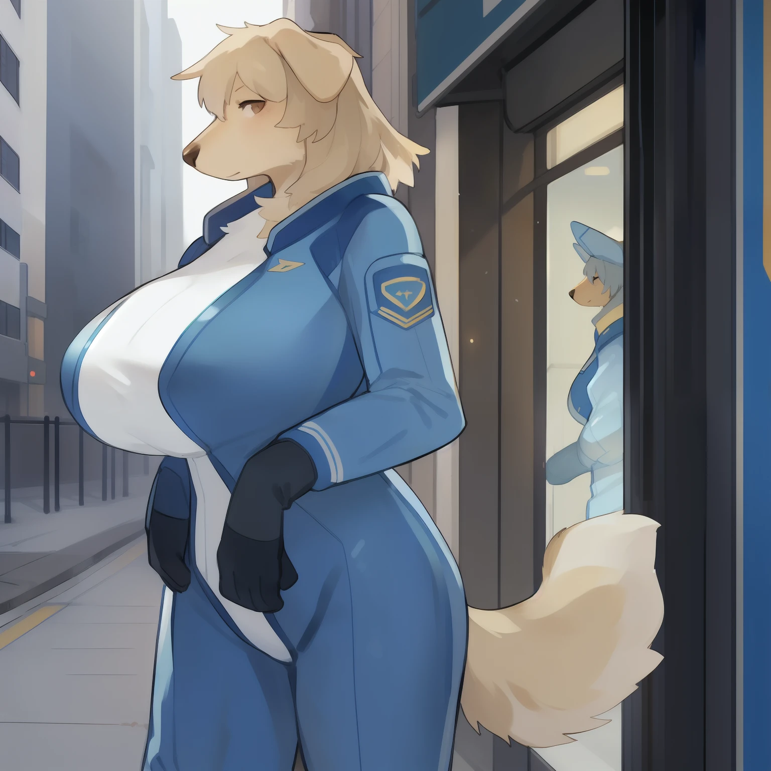 Solo, female, standing, street, by bebebebebe, ((hair, snout)), big breasts, (((blue military spacesuit))), canine, golden retriever