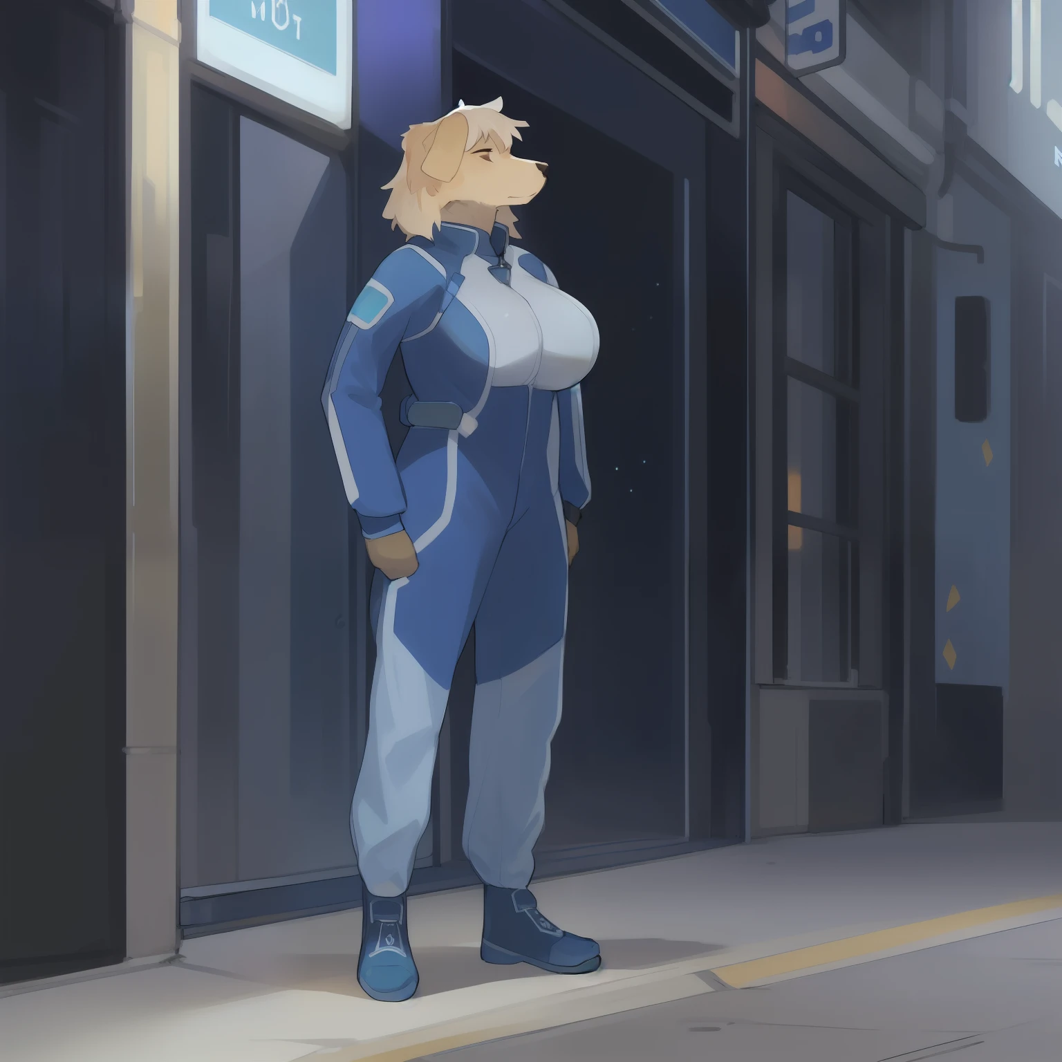 Solo, female, standing, street, by bebebebebe, ((hair, snout)), big breasts, (((blue military spacesuit))), canine, golden retriever