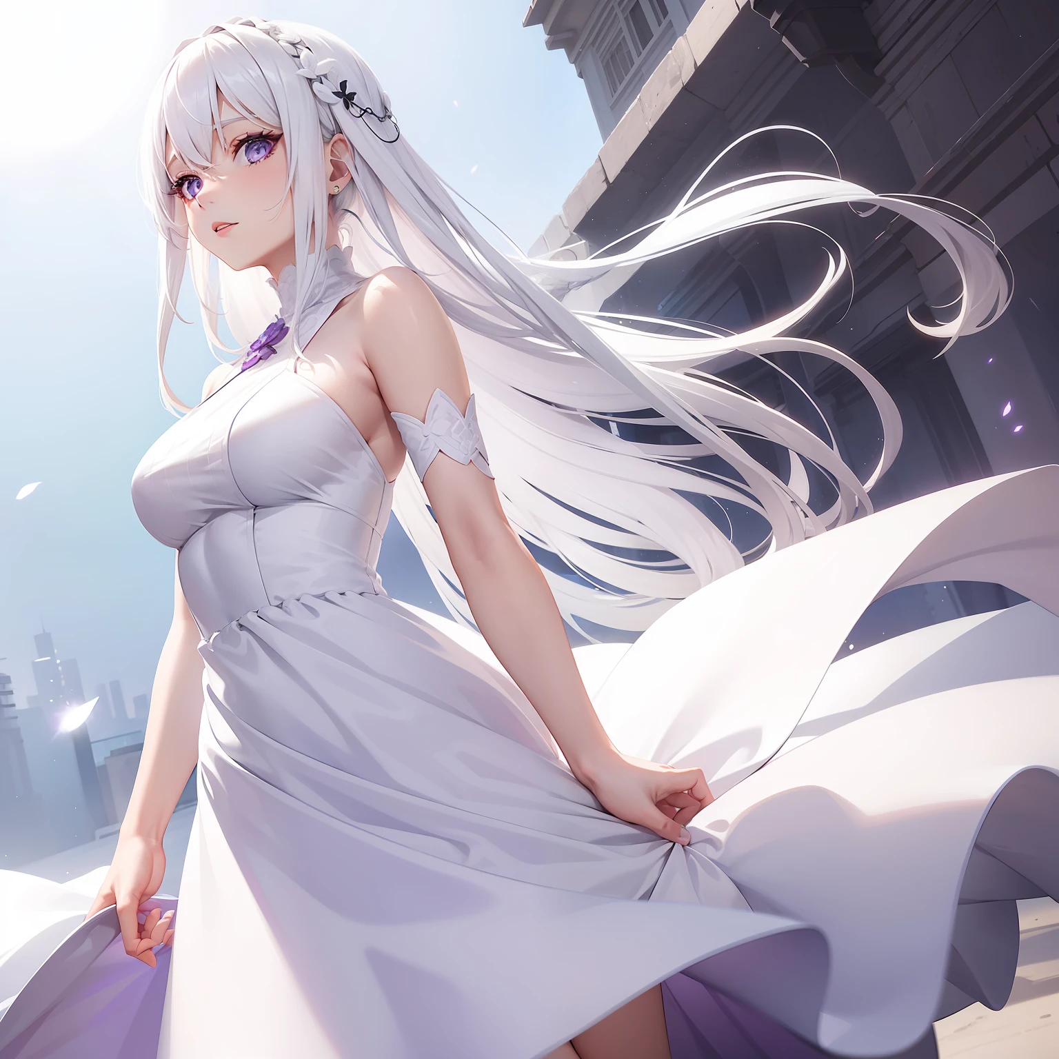 a women, white hair, purple eyes, white dress