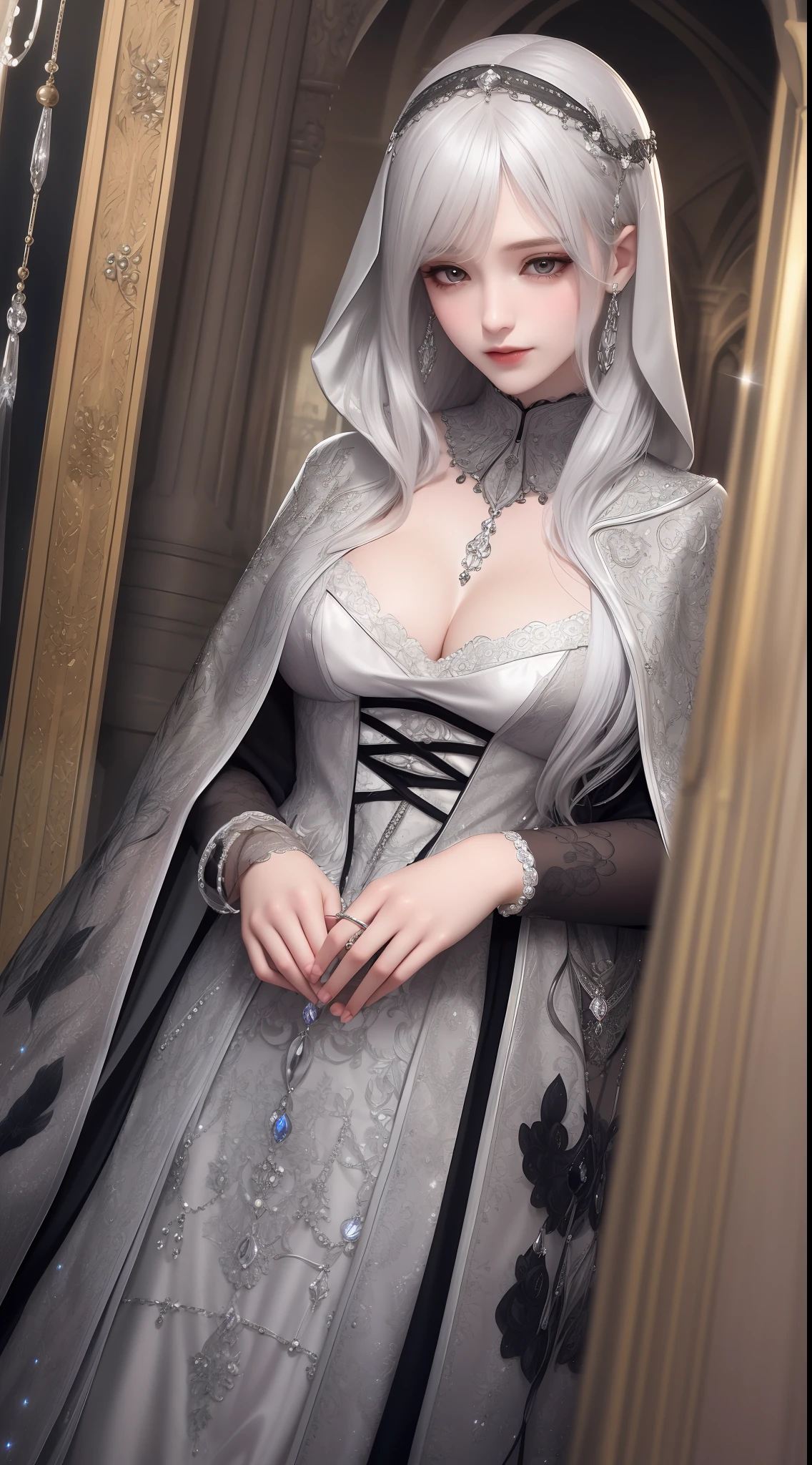 ultra detailed 8k cg, intricate detail, delicate patern, jewelry, gem, silver, silver theme, shiny, glint, sparkle, silver hair, silver cloak, silver eyes, rich, prestige, gothic architecture,