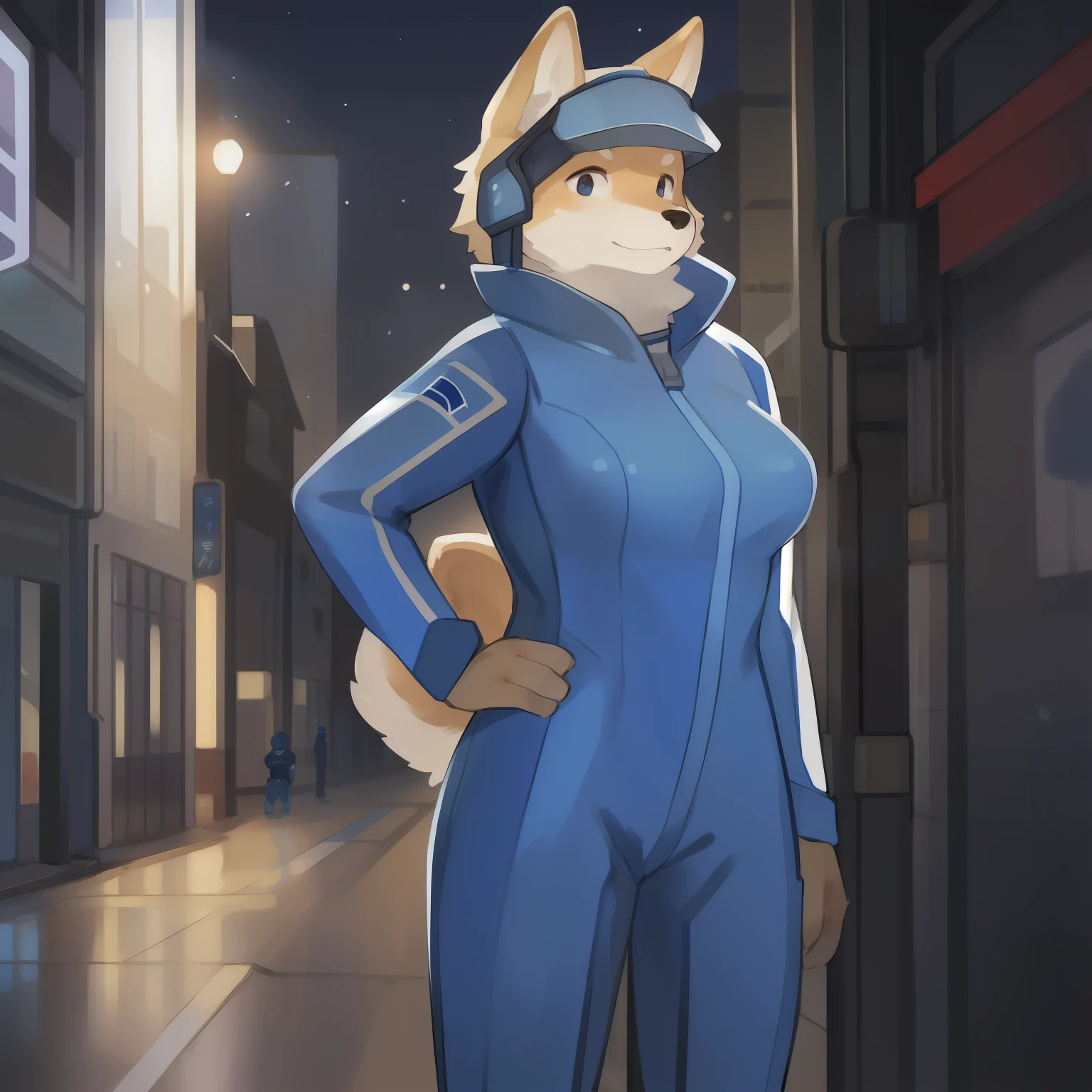 Solo, female, standing, street, by bebebebebe, ((hair, snout)), breasts, (((blue military spacesuit))), canine, shiba inu