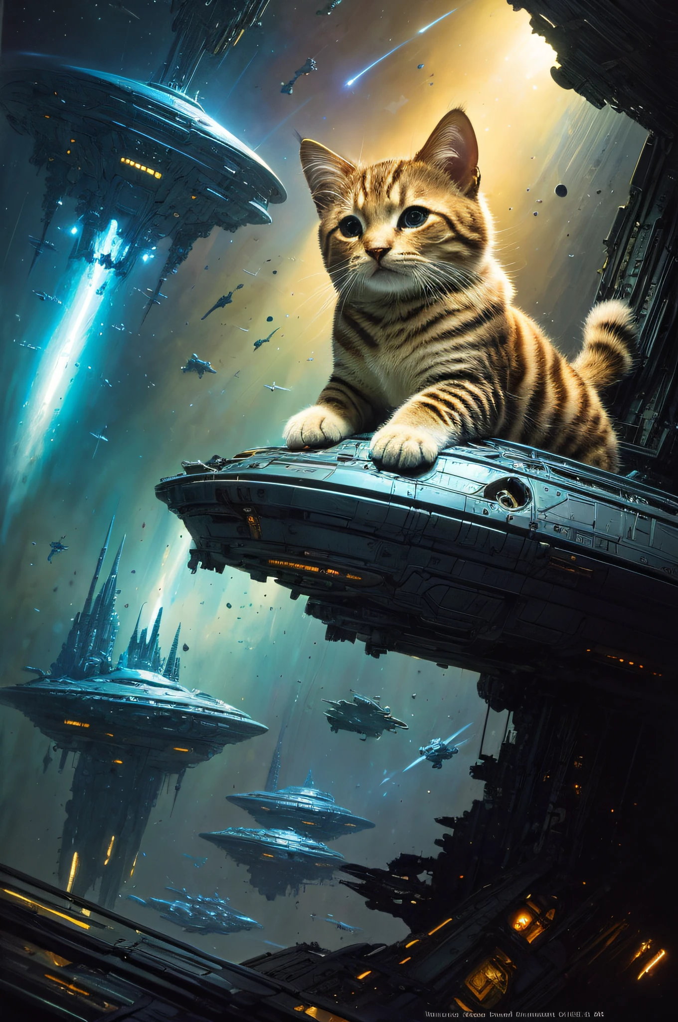 by John Berkey colorful space, biomechanical biomorphic organic spaceships, photorealistic spaceship, space traffic, celestial bodies, volumetric lighting, Syd Mead, Frank Frazetta, John Berkey, brutalism a cute kitten made out of metal, (cyborg:1.1), ([tail | detailed wire]:1.3), (intricate details), hdr, (intricate details, hyperdetailed:1.2), cinematic shot, vignette, centeredr, Photorealistic, Hyperrealistic, Hyperdetailed, low cut, detailed skin, soft lighting, subsurface scattering, realistic, heavy shadow, masterpiece, best quality, ultra realistic, 8k, golden ratio, Intricate, High Detail, film photography, soft focus