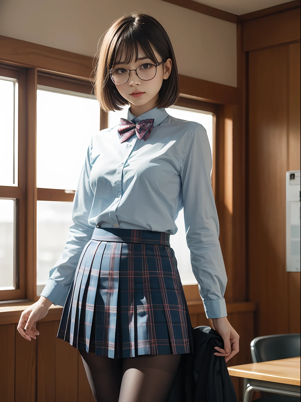 （8K、Raw photography、top-quality、​masterpiece：1.2),Light blue bra,de pele branca,kne,(Black pantyhose),absurderes,a small face,small tits,flat breast,Parting the bangs from the middle、Forehead visible,(Tight eyes,glares,Bullish,skinny,Rasping,irate)、​masterpiece,top-quality、超A high resolution,Raw photo,ren,Beautiful fece,One Person, 独奏,eye glass,,Dark look,Small breasts,fullllbody,Round glasses、cute little、JK school uniform,hi-school girl,A Japanese Lady,is standing,（Photorealsitic：1.37）、Photon mapping,Light blue ribbon,Realistic、Cute little face,Brown-eyed、Black socks、(Red bow tie)、Radio City、Physically Based Rendering、Foreground、depth of fields、Blurry background、a picture,The girls、Body,beauty legs, Long legs, Thin leg,Long bob cut,(Bangs are visible), hair, s lips, Blue_The eye, nosesoft,(Light blue shirt), (Navy and blue and white plaid pleated skirt), Knees are visible,Sheer clothing,, Thigh, Black cotton socks,Nogizaka Idol, 女優, Japanese ido