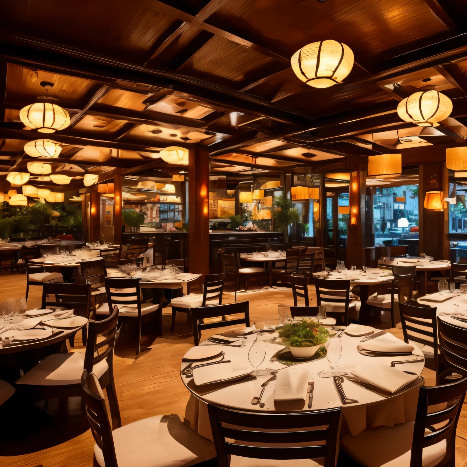 Chinese style restaurant with round tables, corners, wide perspectives.