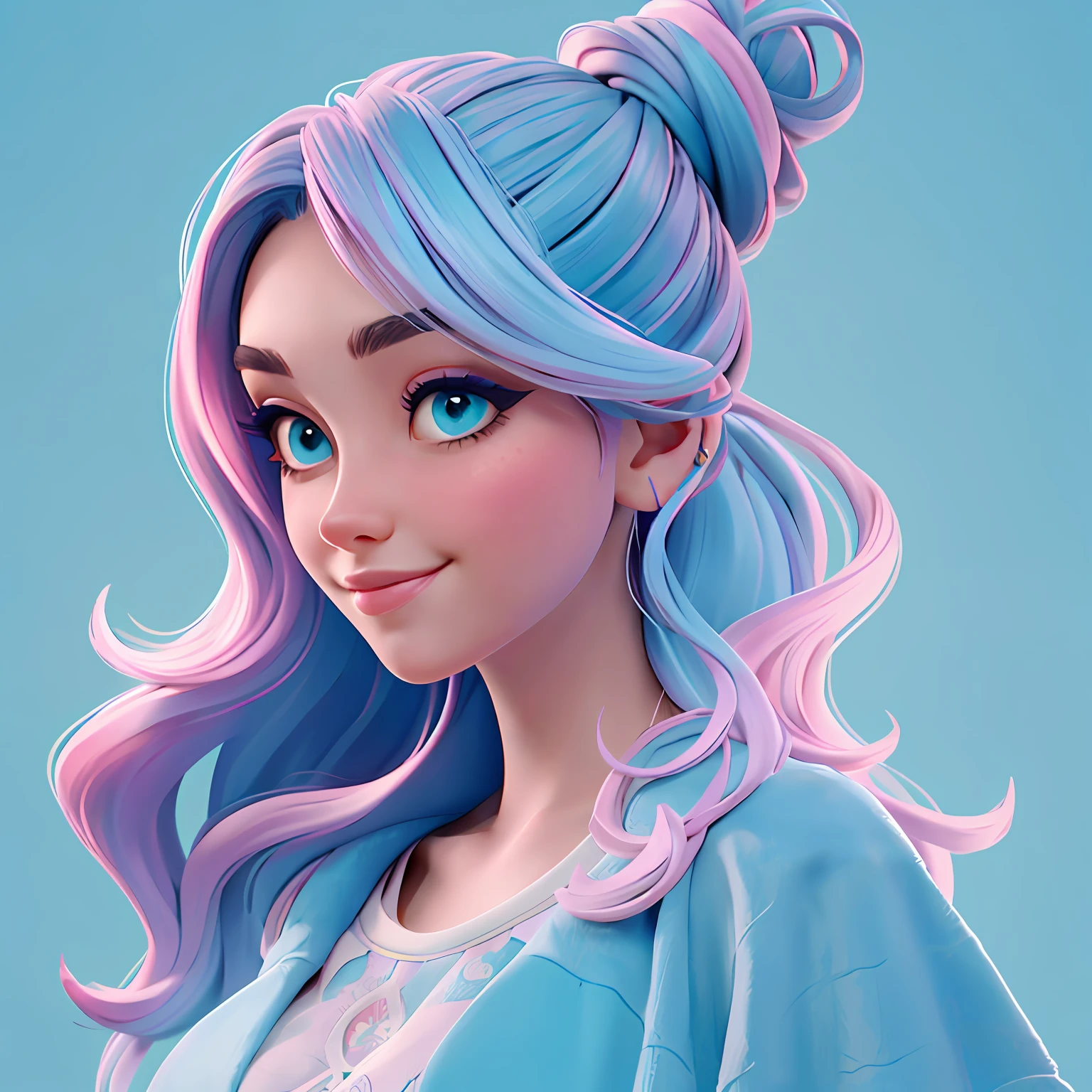 uma mulher, Her hair is stuck in a messy bun, azul e rosa, The background is filled with a pastel shade of light blue, evoking a sense of lightness and happiness.