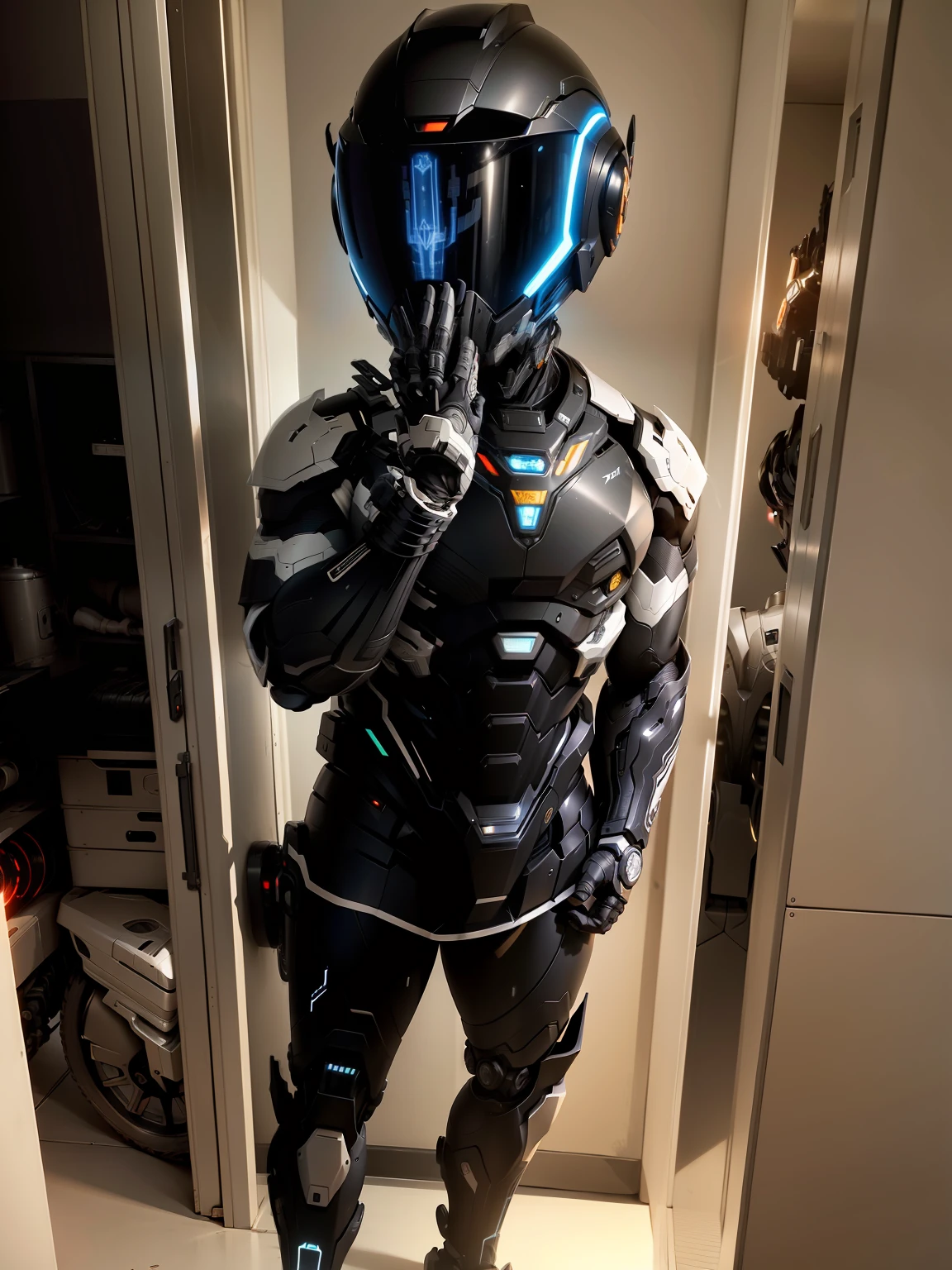 Handsome network, Handsome warrior, Full body mecha,Information mechanical motorcycle,High-tech black high-tech helmet,Nousr, Biomechanicals, MSHN Robot Man,High-tech helmet,hyper realisitc, Steel, Complex design, insanely details, finely detailled, Extremely clear lines, cinmatic lighting, photograph realistic, A detailed masterpiece
