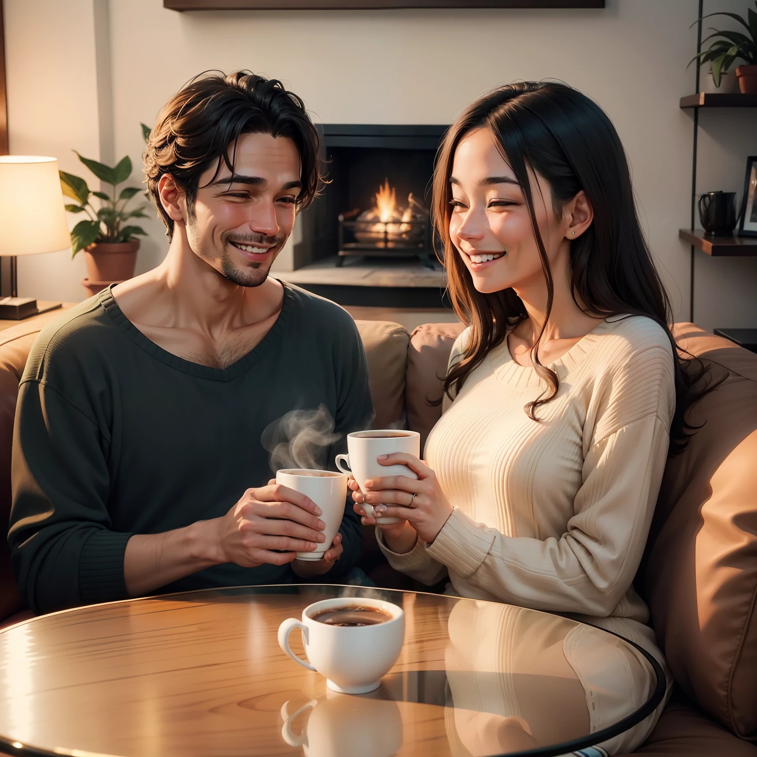 A couple sitting at a coffee table, sharing a genuine smile as they hold cups of steaming coffee in their hands, revealing the complicity and intimacy they have