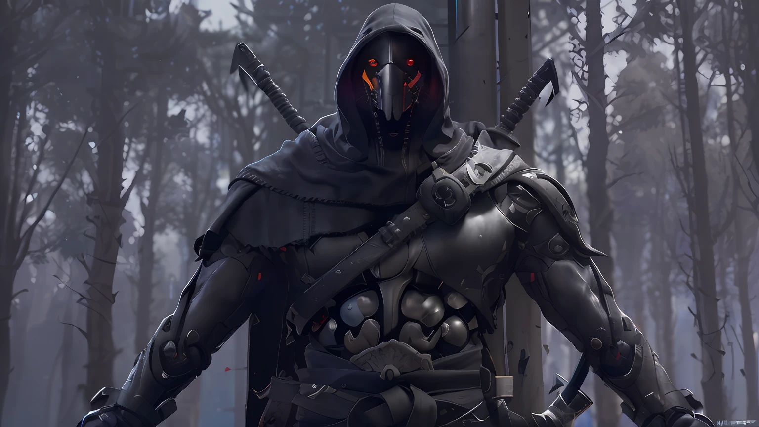 arafed man in a hooded jacket and hood with two swords, cyborg ninja, reaper from overwatch, cyborg samurai, badass anime 8 k, cyberpunk samurai, wraith from apex legends, menacing. unreal 5, created in unreal engine 5, fantasy style 8 k octane render, unreal engine character art, small character. unreal engine 5, fractal cyborg ninja background