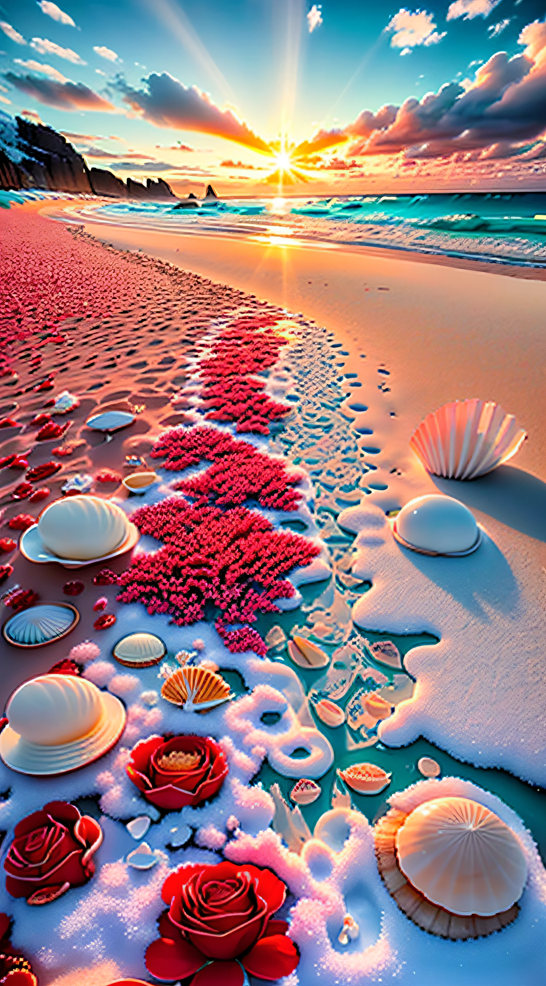 delicate scene,depth of field, 8K, The ivory sky,white clouds,and sunlight shine on the snow-white beach. The coral sea,and many colorful tinny shells on the beach,red roses, roses focus,