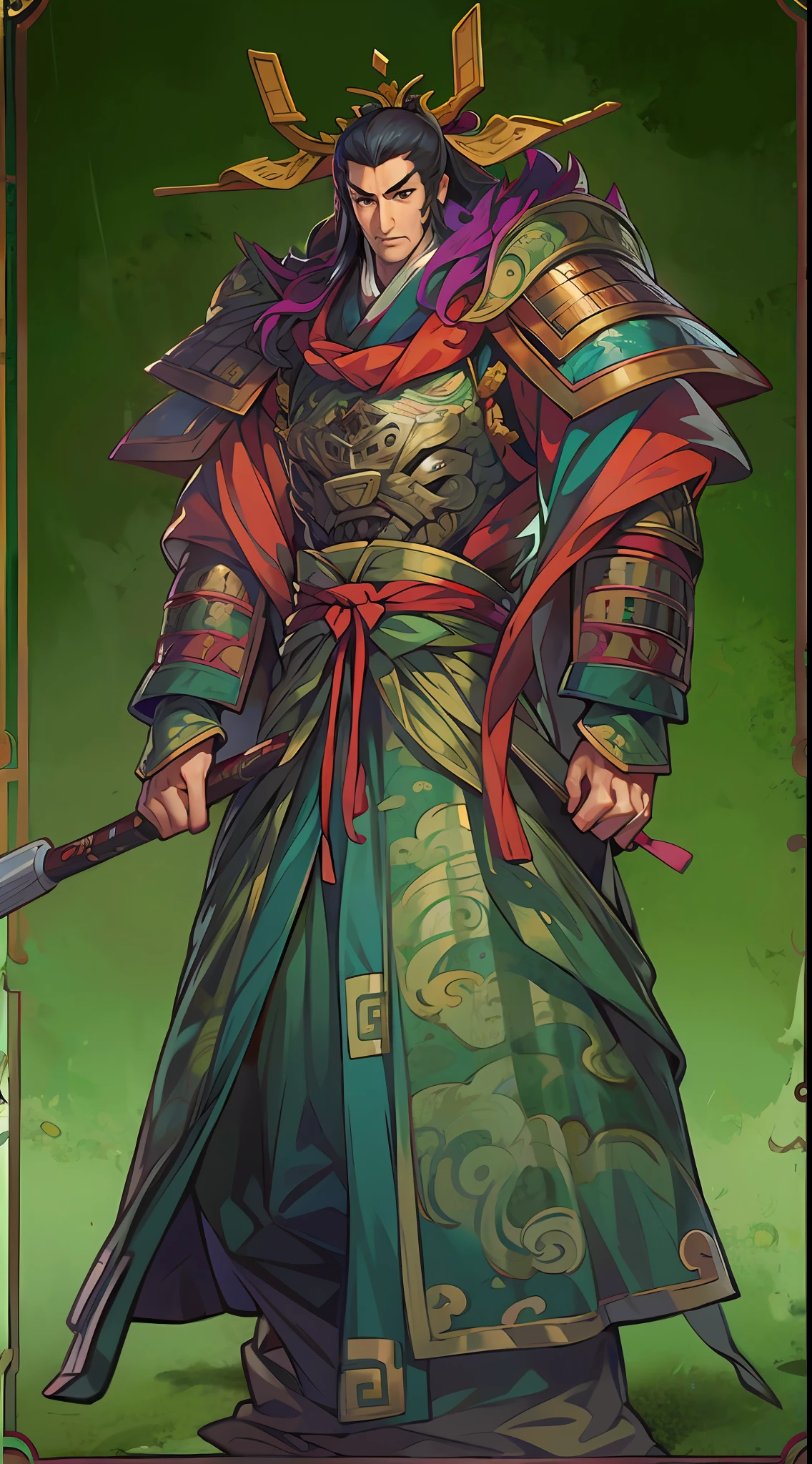 1male people,Three Kingdoms killing style:1.2,Ancient Chinese background,A meticulous face,Clear face,bust,Shogun,armor,Card background,High picture quality,tmasterpiece,best qualtiy,超高分辨率