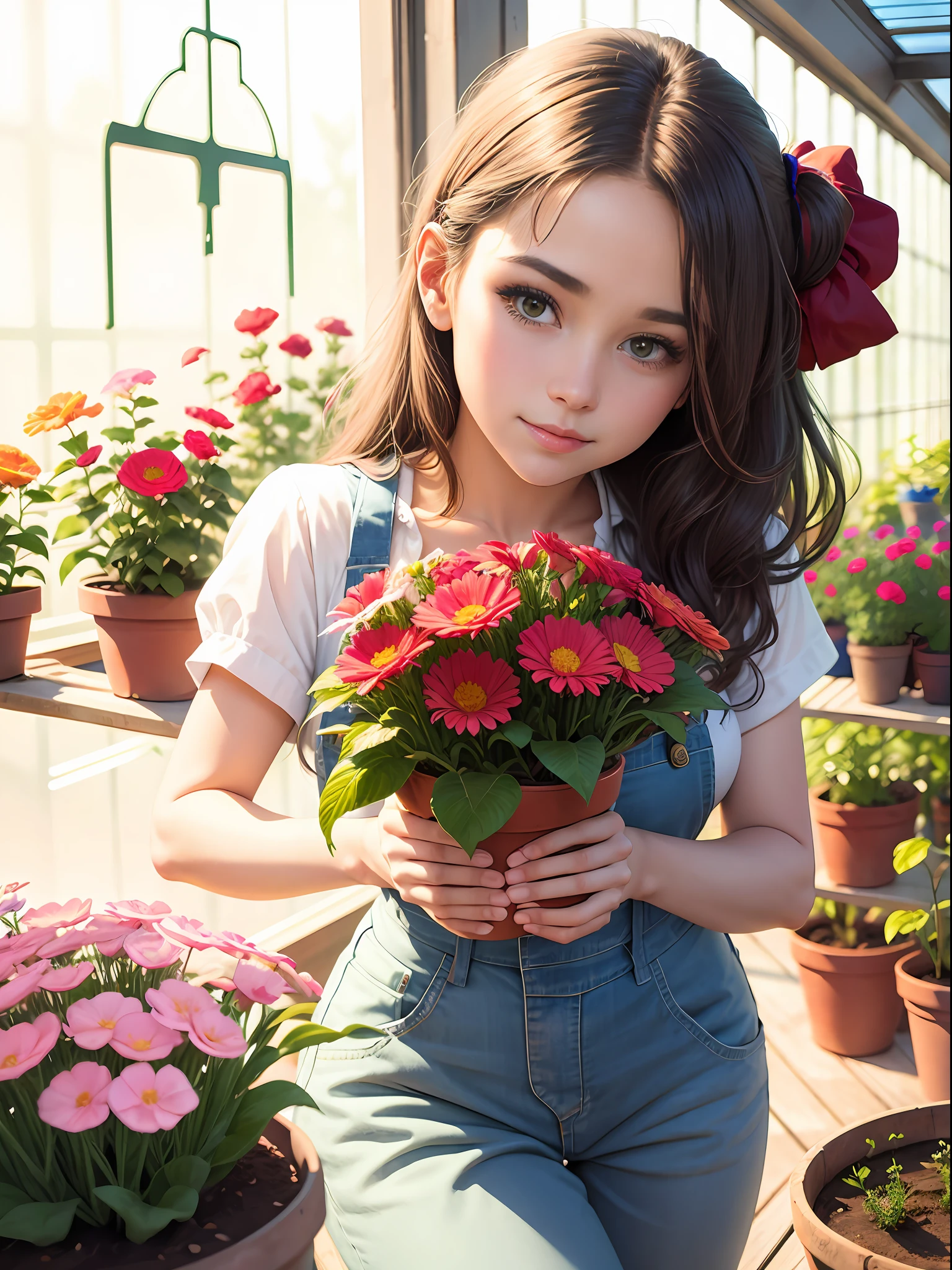 Beautiful girl caring for flowers in the greenhouse