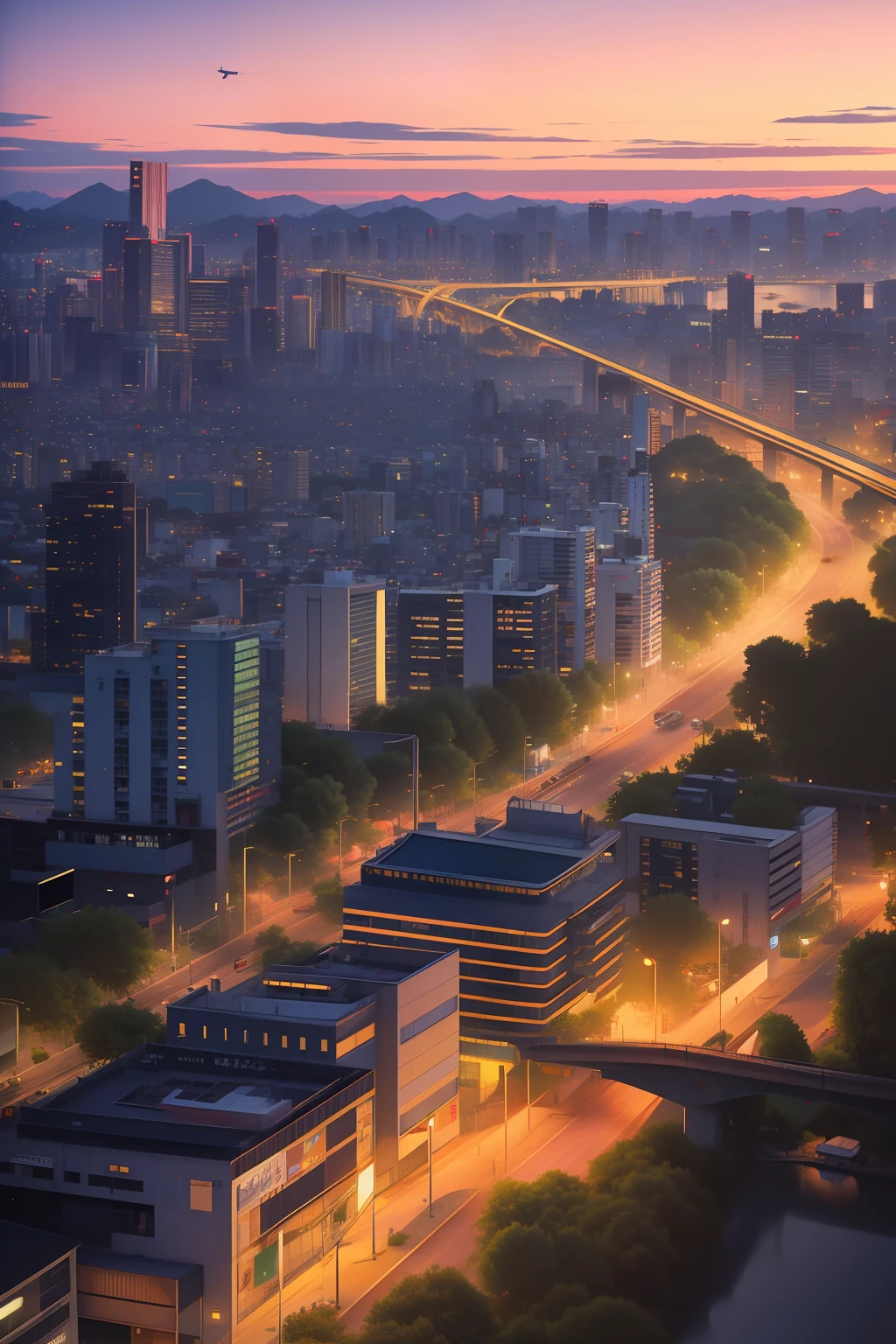 A relief of the city skyline,An airplane flew over it, pink golden hour, City sunset, skyline showing, in the golden hour, golden cityscape, prime time, golden hour in manhattan, in the golden hour, shot at golden hour, golden hour in tokyo, at dusk at golden hour, in the golden hour, view over city, prime time, urban skyline