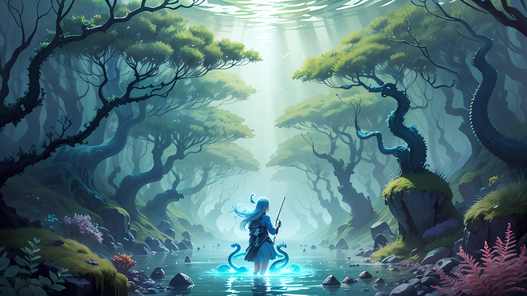 the depths of the sea, dark sea, long mosses, light blue sea snake, dark colors, high quality --auto --s2