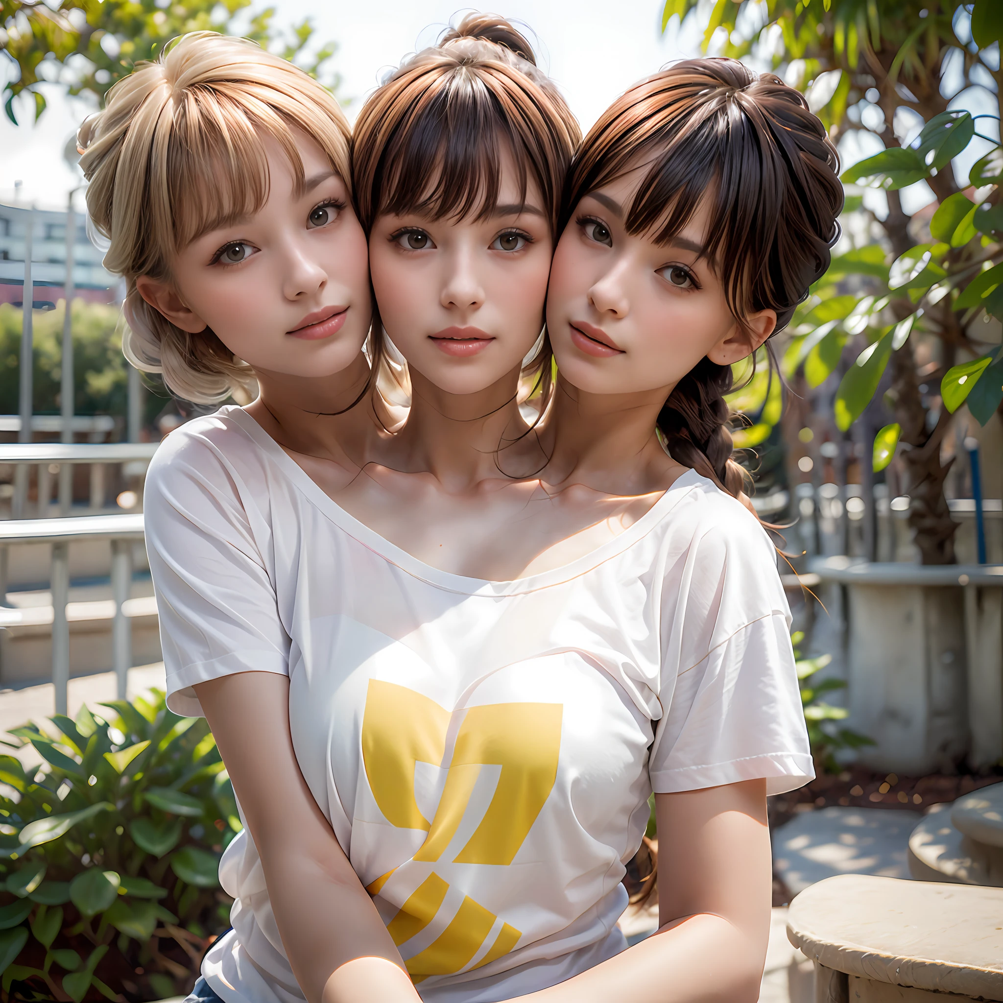 (best quality, 2heads, european girl with two head kissing girl on cheek, different hair bangs, tied hair, half color t-shirt,park background,)