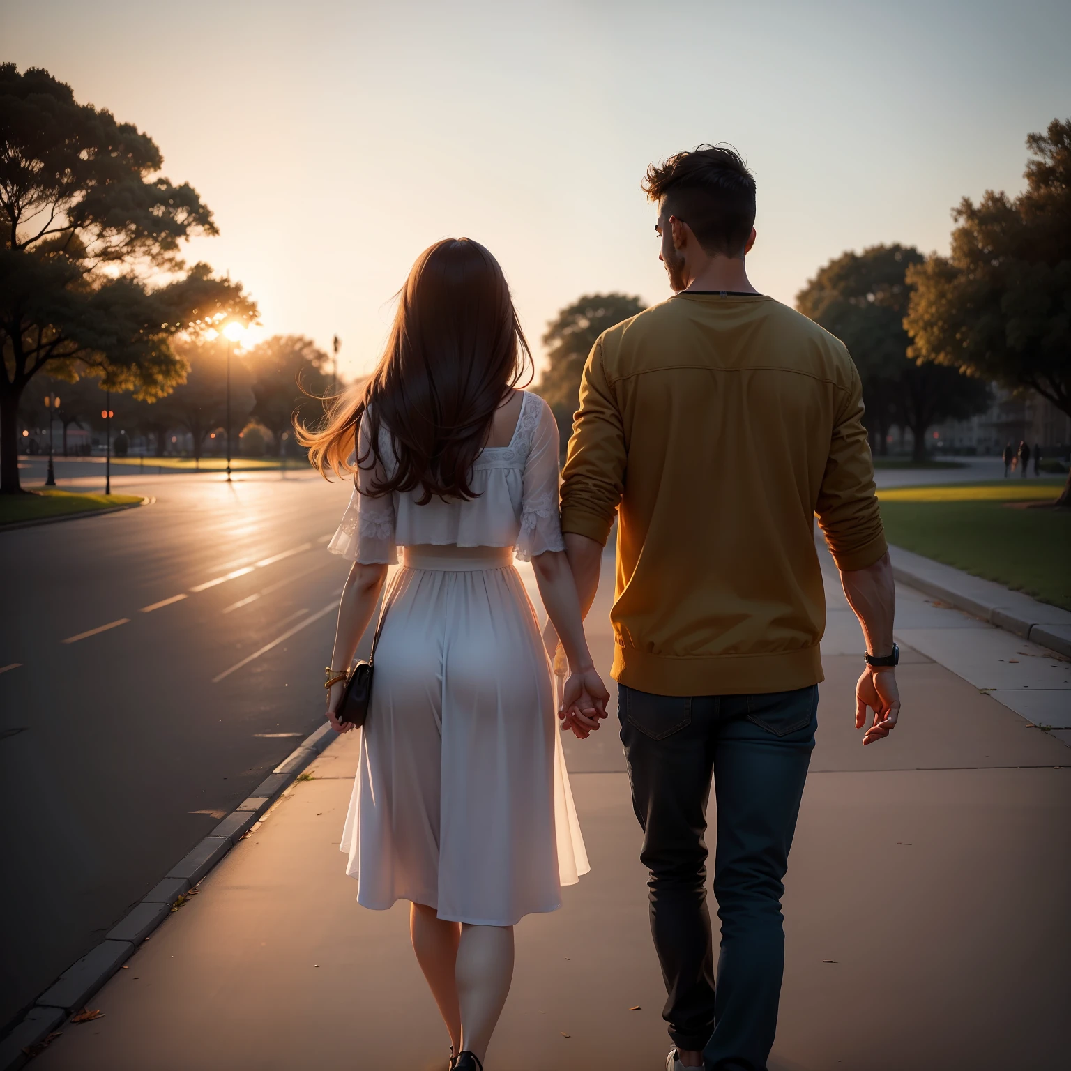 A couple walking hand in hand in a park, with the golden light of the sunset bathing them in soft tones, simbolizando a jornada que percorrem juntos, enfrentando os altos e baixos da vida.
