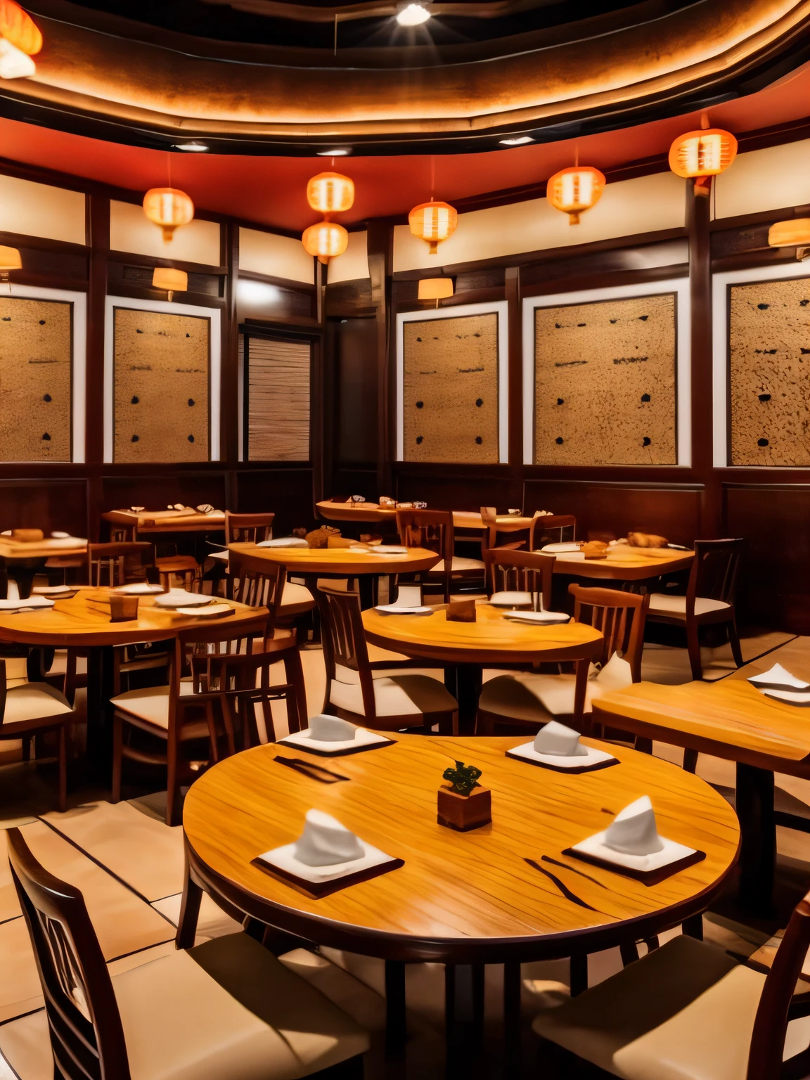 Chinese style restaurant with round tables, corners, wide perspectives.